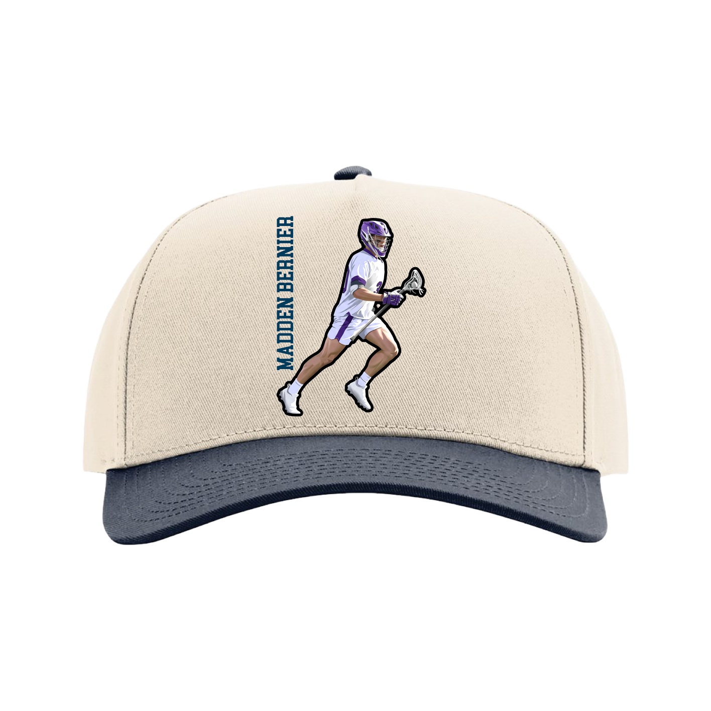 Full Fabric Five-Panel Champ Cap — Name Vertical in Cream/Navy