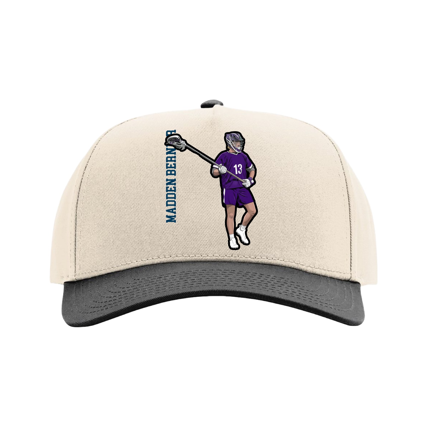 Full Fabric Five-Panel Champ Cap — Name Vertical in Cream/Black