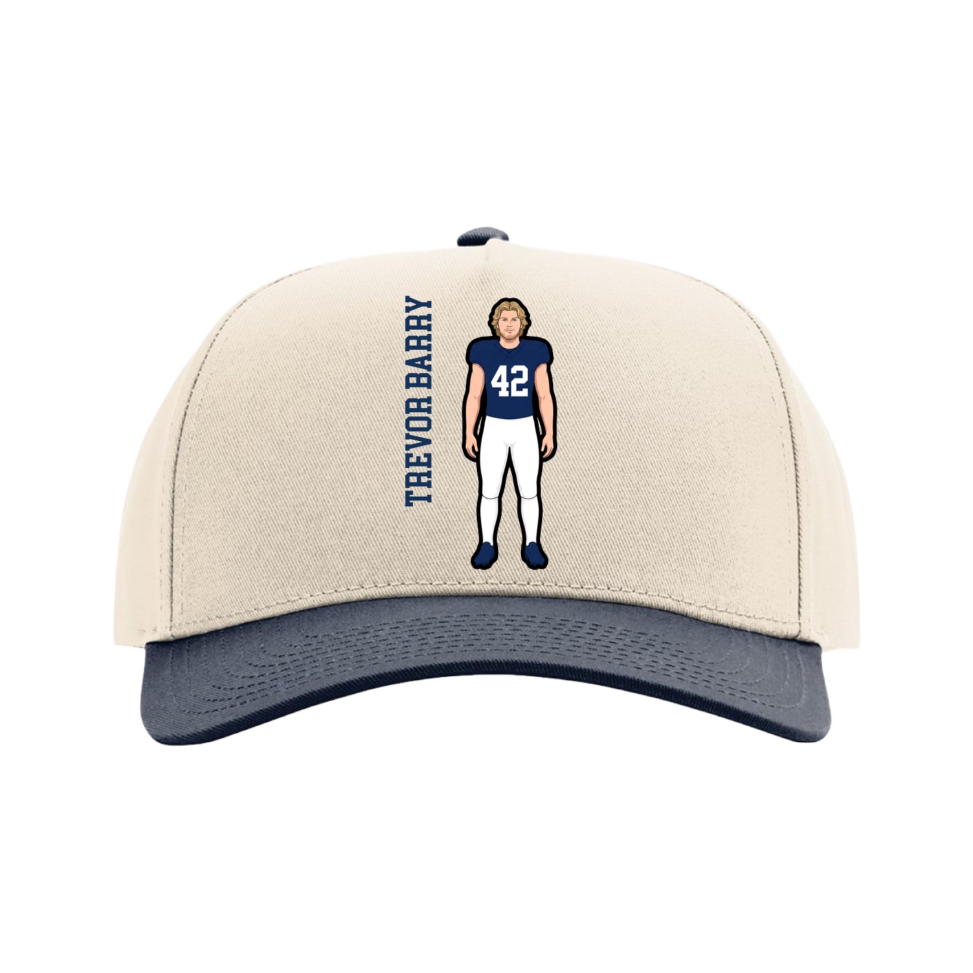 Full Fabric Five-Panel Champ Cap — Name Vertical in Cream/Navy
