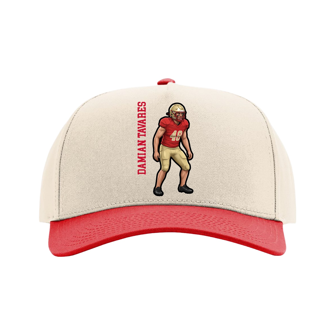 Full Fabric Five-Panel Champ Cap — Name Vertical in Cream/Red
