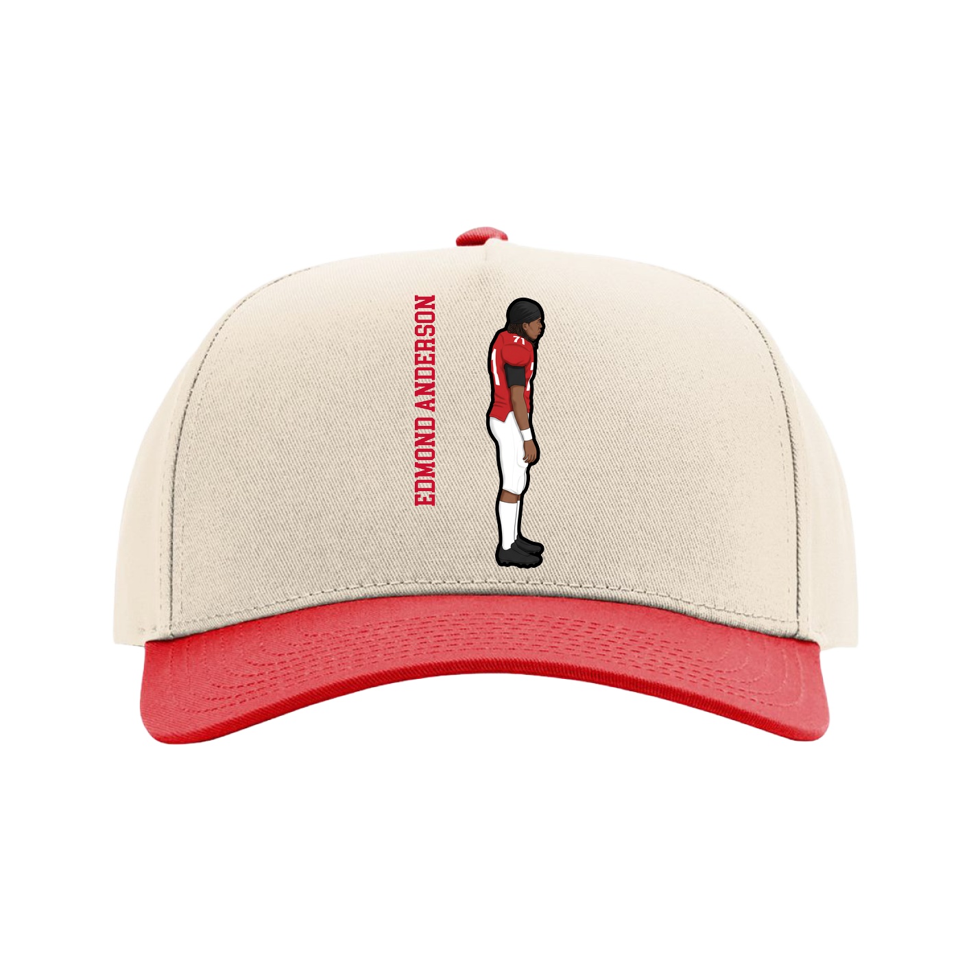Full Fabric Five-Panel Champ Cap — Name Vertical in Cream/Red
