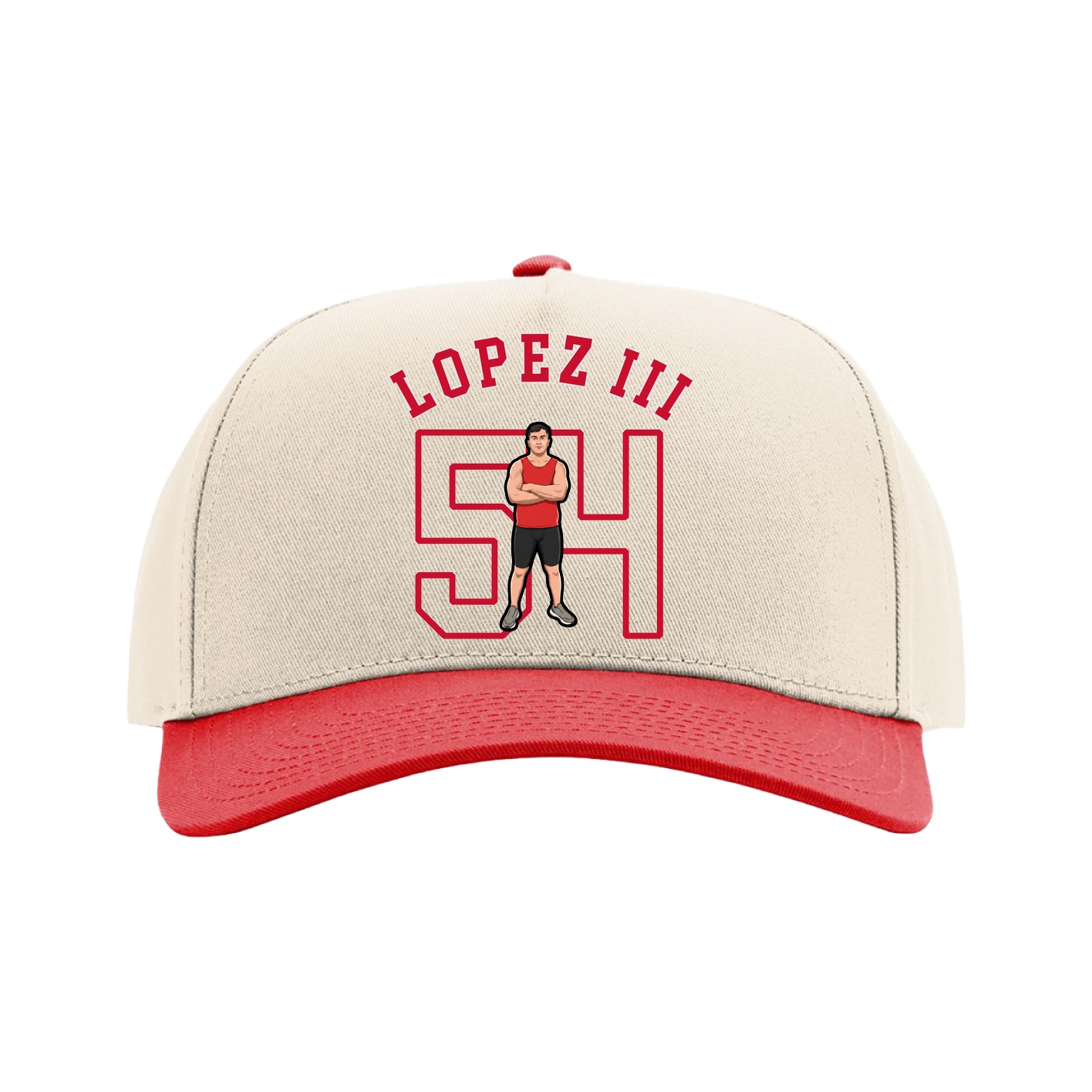 Full Fabric Five-Panel Champ Cap — Shirsey Arch in Cream/Red