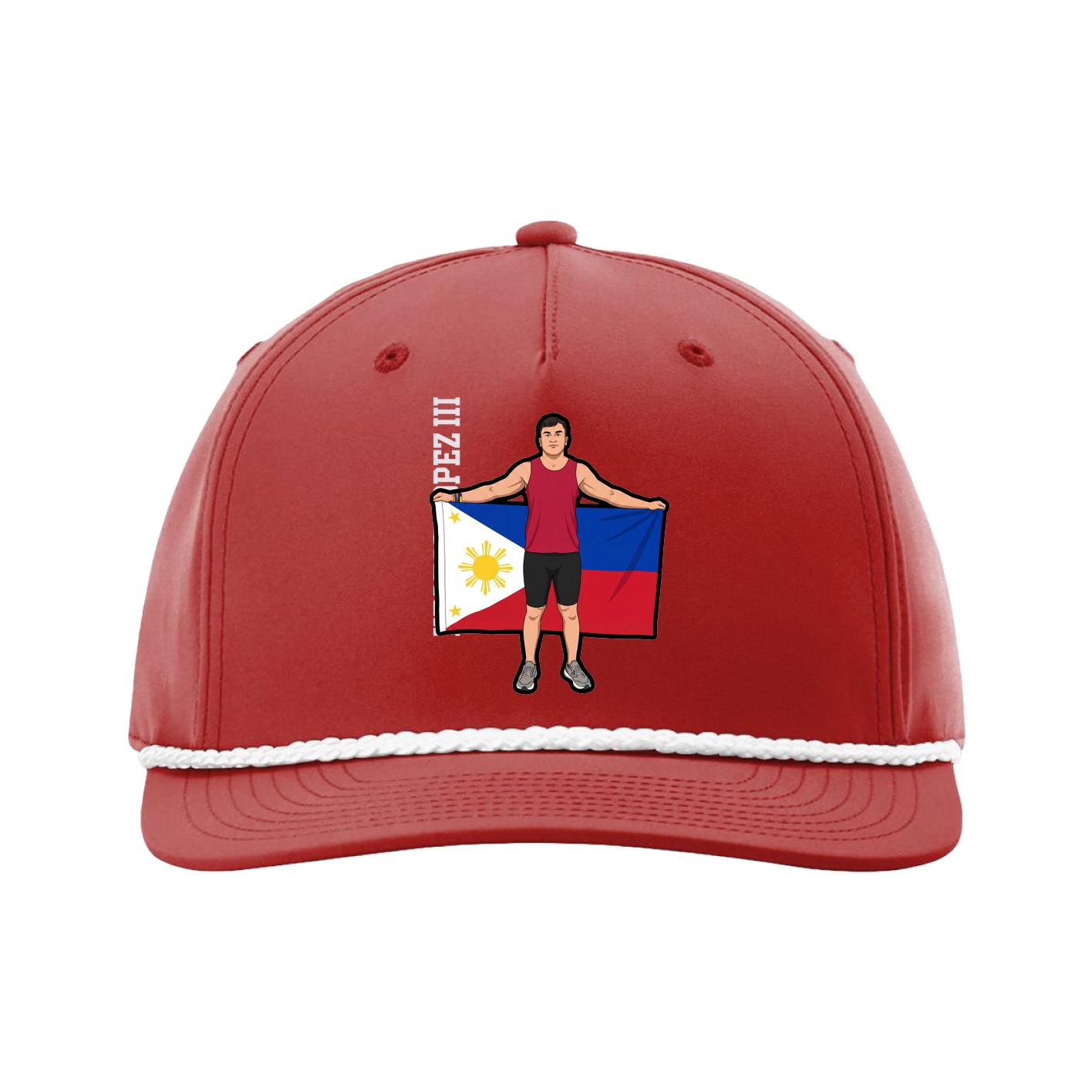 Five-Panel Classic Rope Cap — Name Vertical in Red