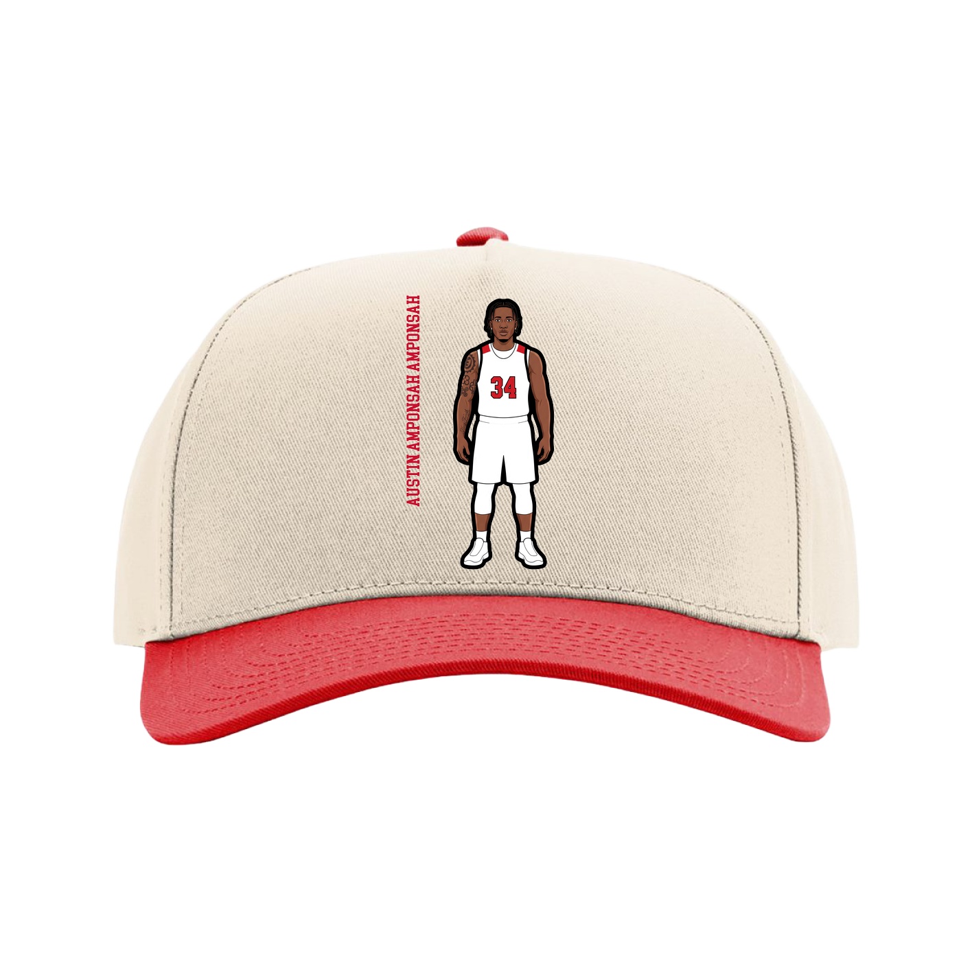 Full Fabric Five-Panel Champ Cap — Name Vertical in Cream/Red