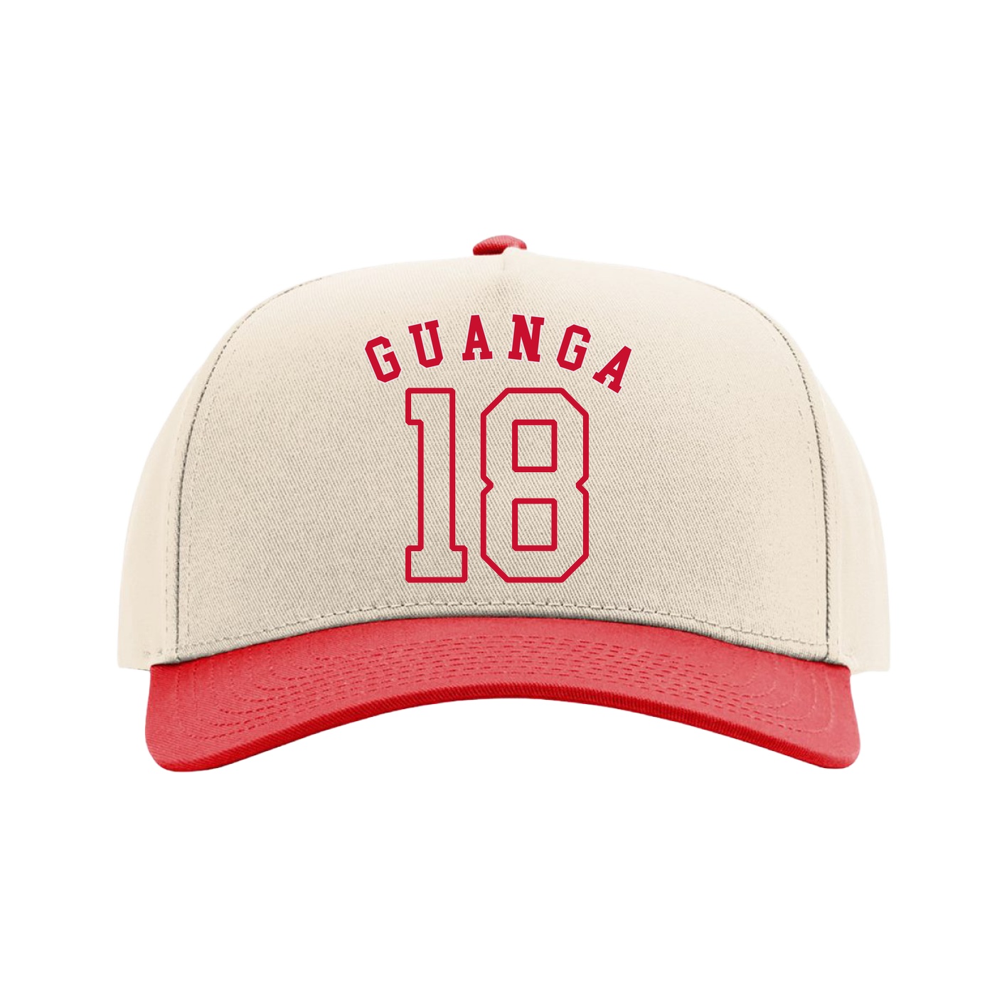Full Fabric Five-Panel Champ Cap — Shirsey Arch in Cream/Red