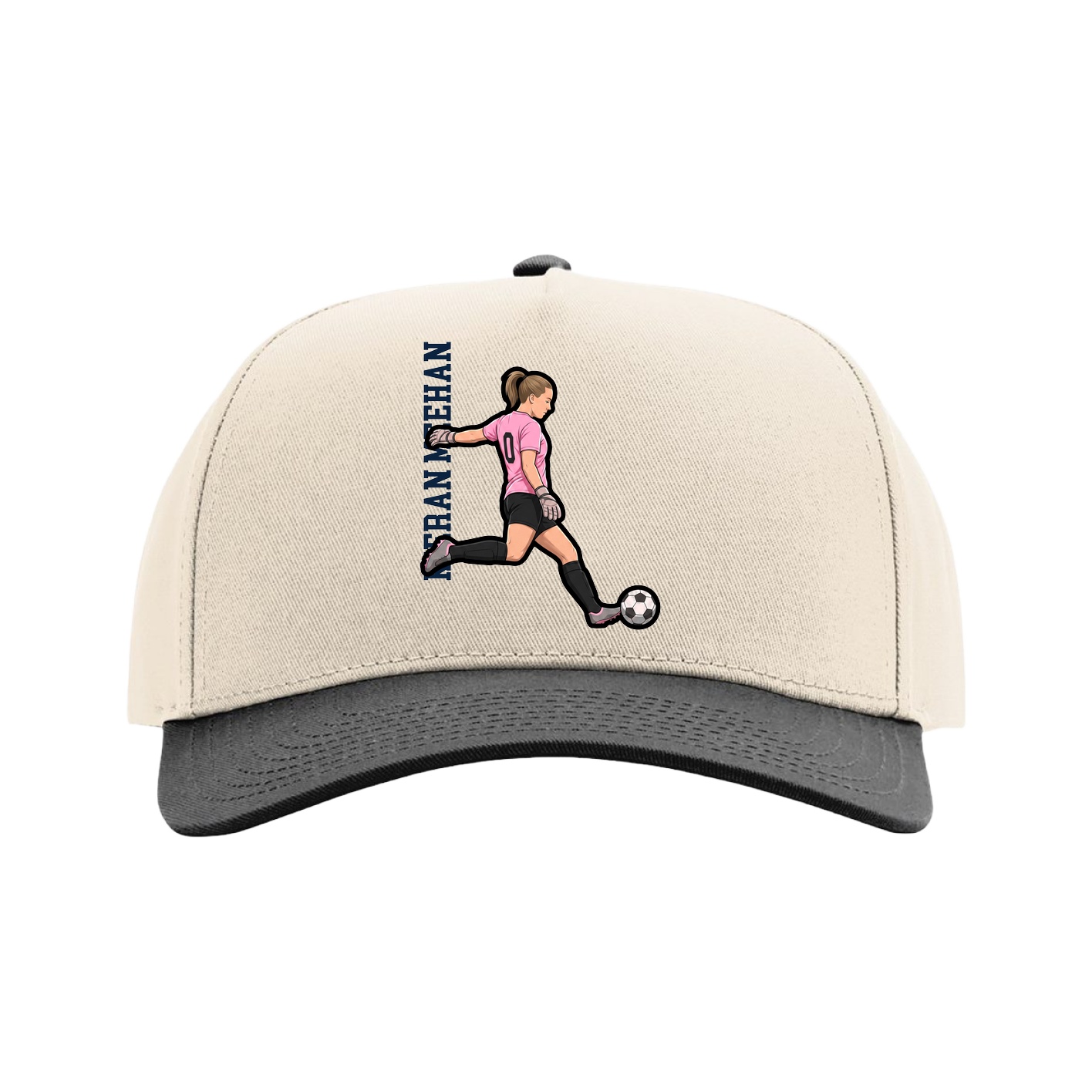 Full Fabric Five-Panel Champ Cap — Name Vertical in Cream/Black