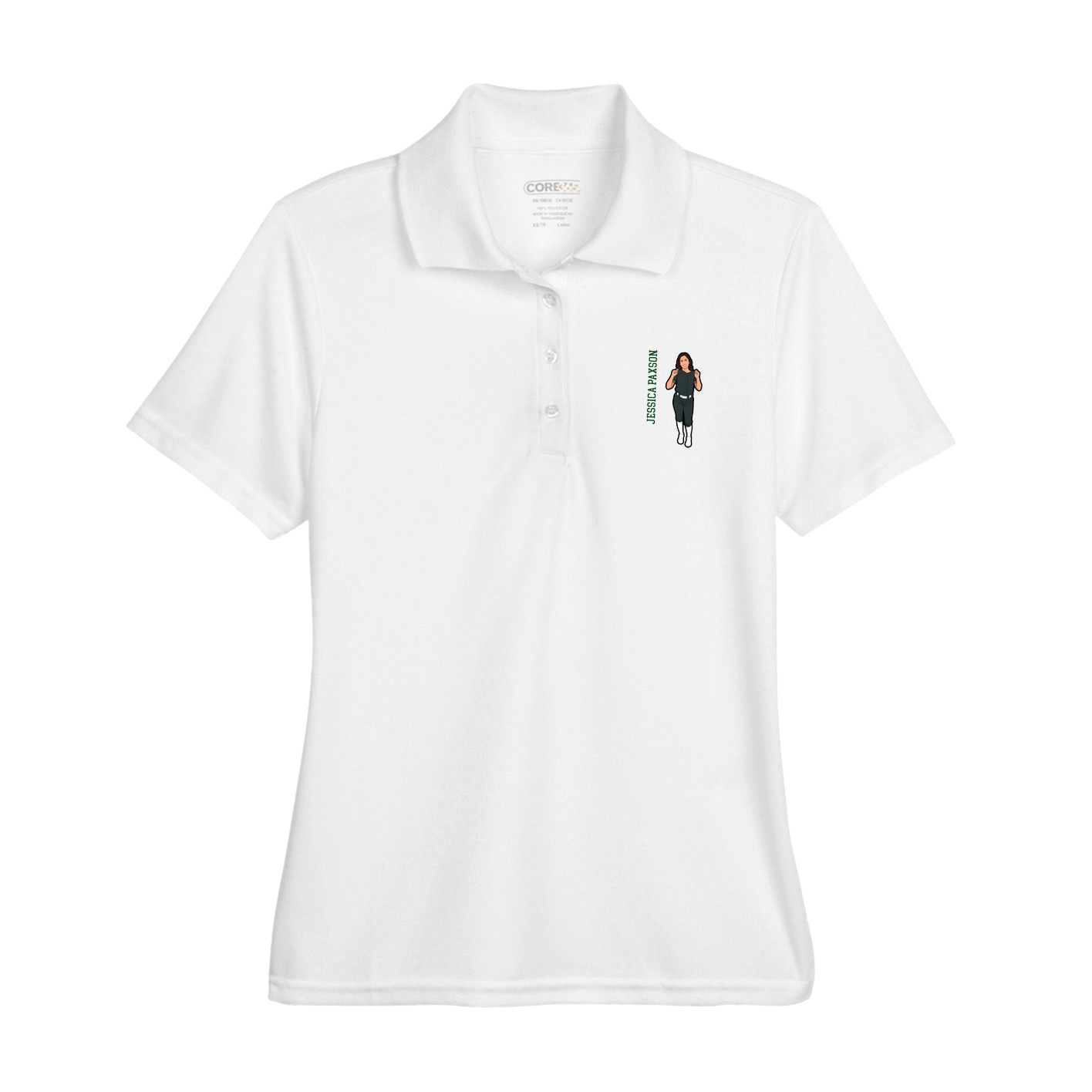 Womens Performance Polo — Name Vertical in White