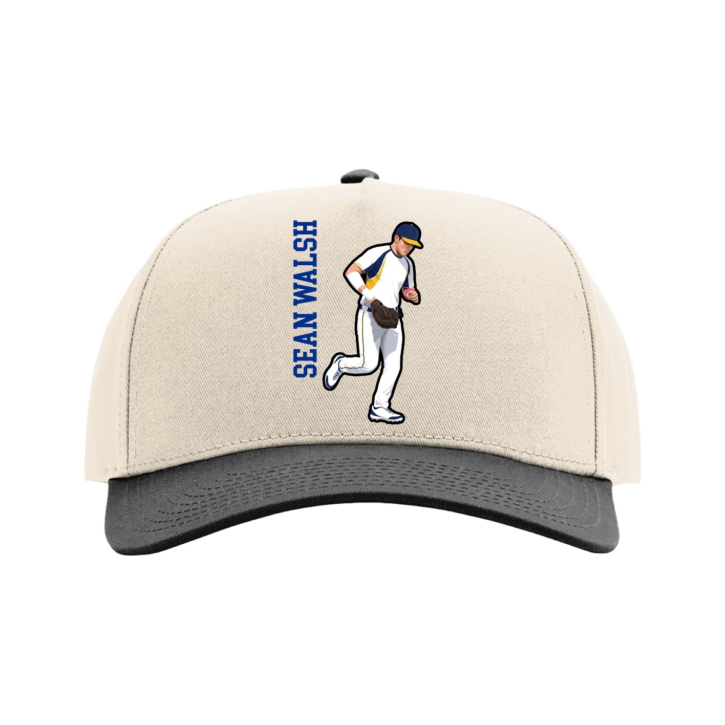 Full Fabric Five-Panel Champ Cap — Name Vertical in Cream/Black