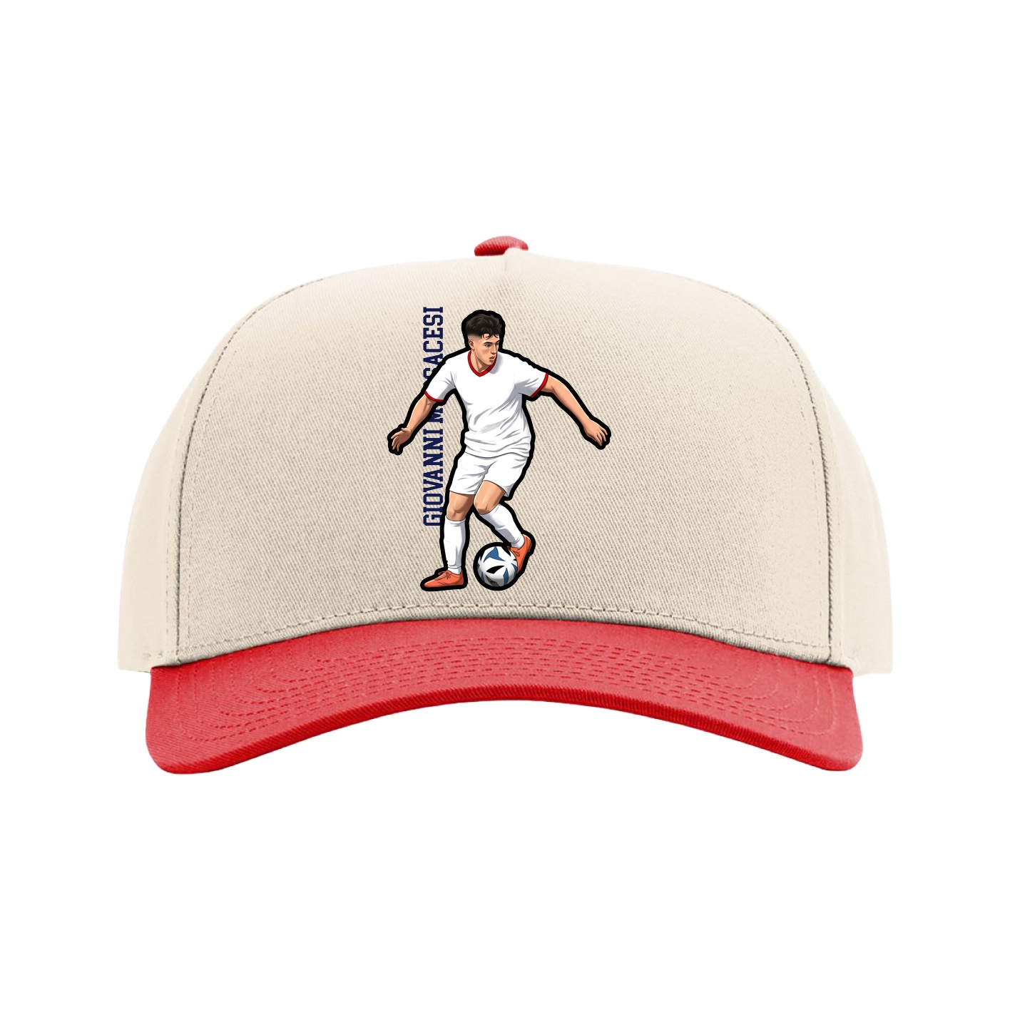 Full Fabric Five-Panel Champ Cap — Name Vertical in Cream/Red