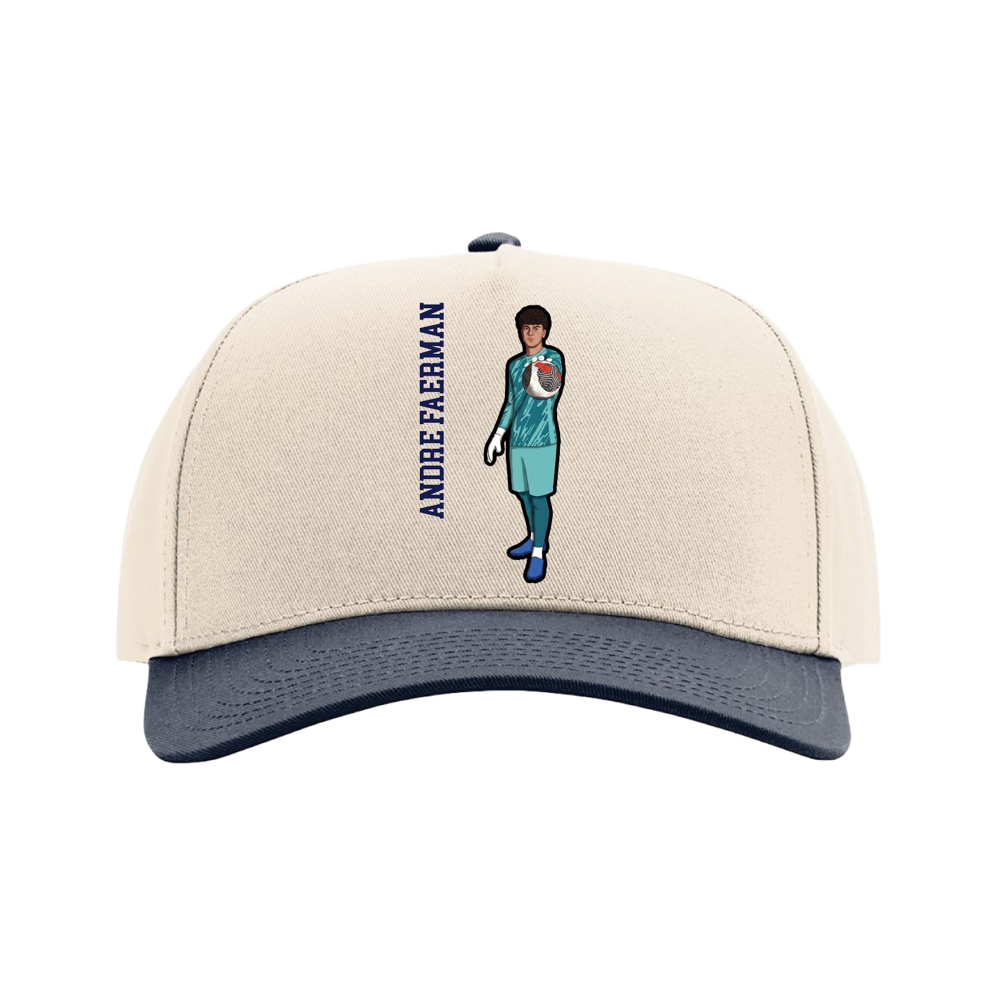 Full Fabric Five-Panel Champ Cap — Name Vertical in Cream/Navy
