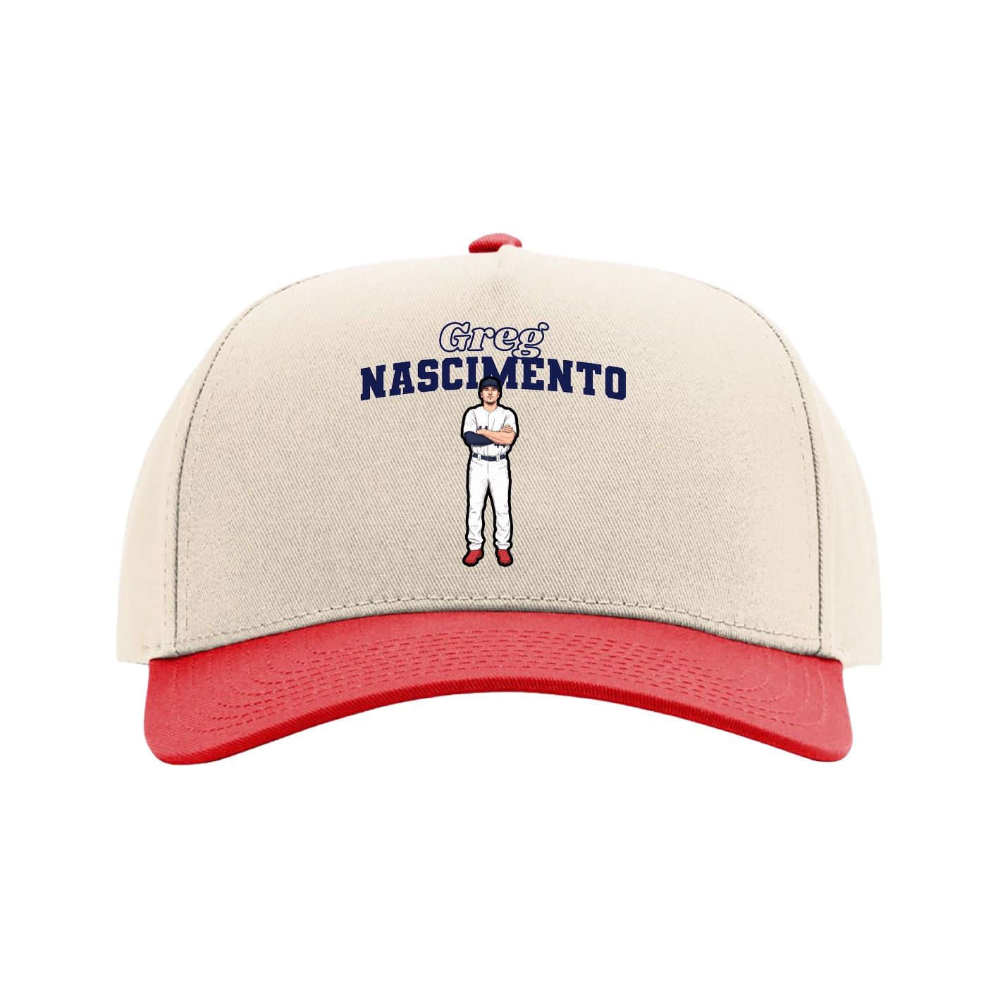 Full Fabric Five-Panel Champ Cap — Name Arch in Cream/Red