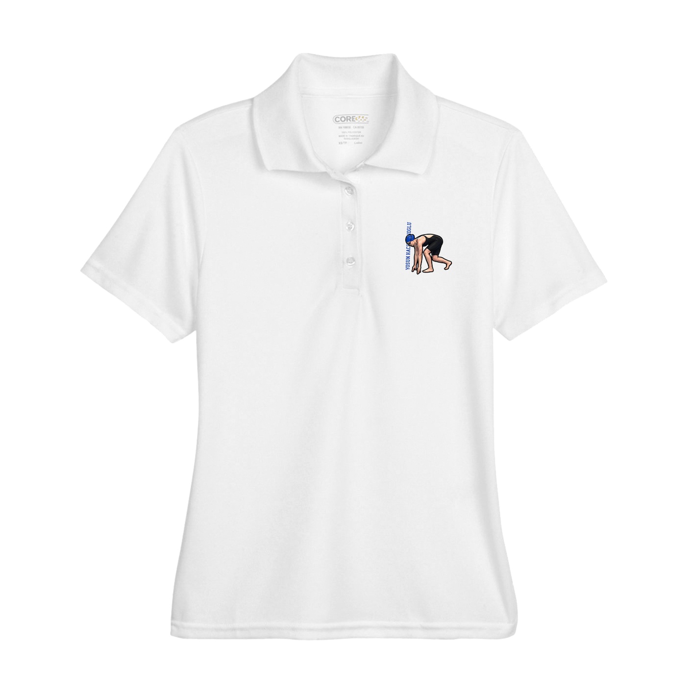 Womens Performance Polo — Name Vertical in White
