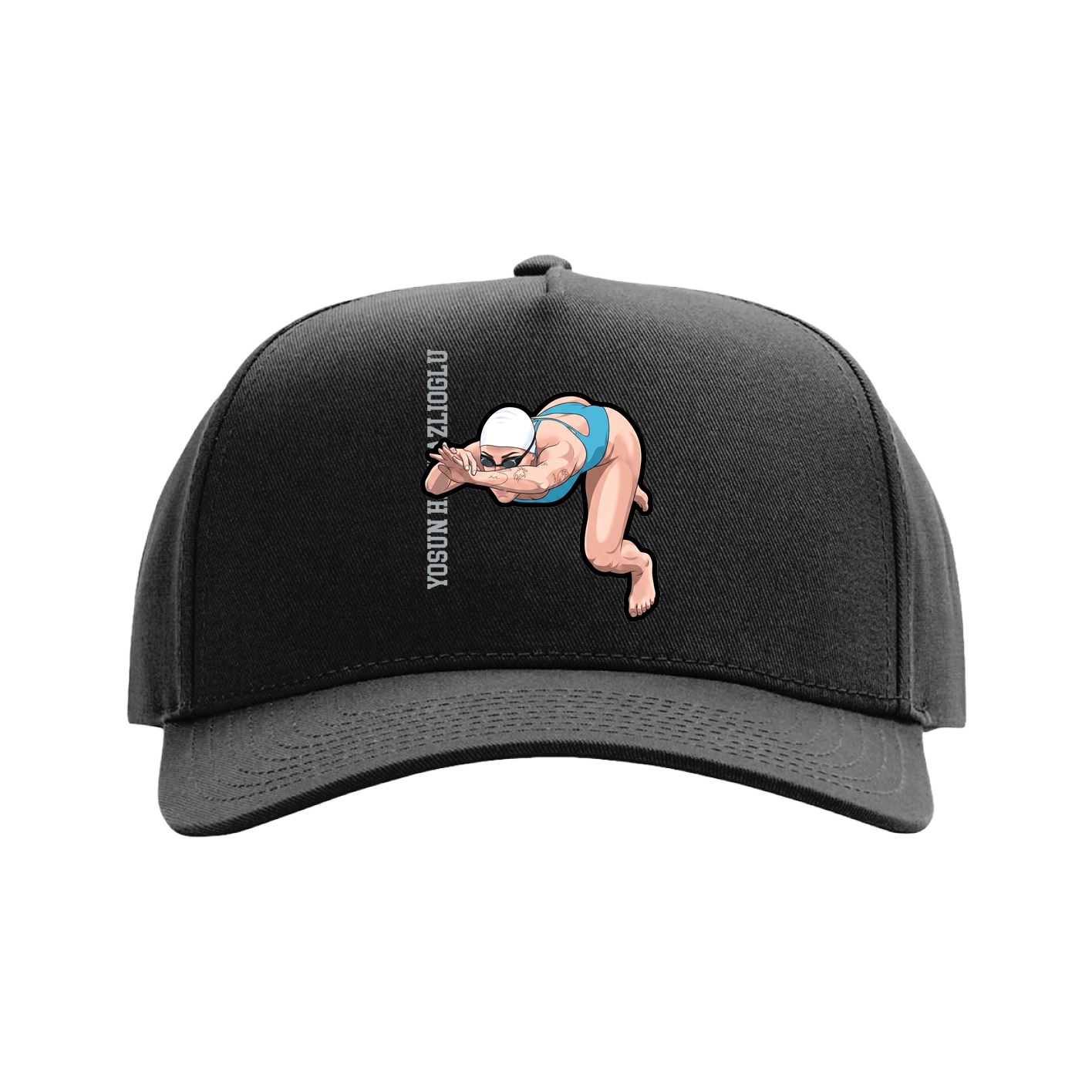 Full Fabric Five-Panel Champ Cap — Name Vertical in Black