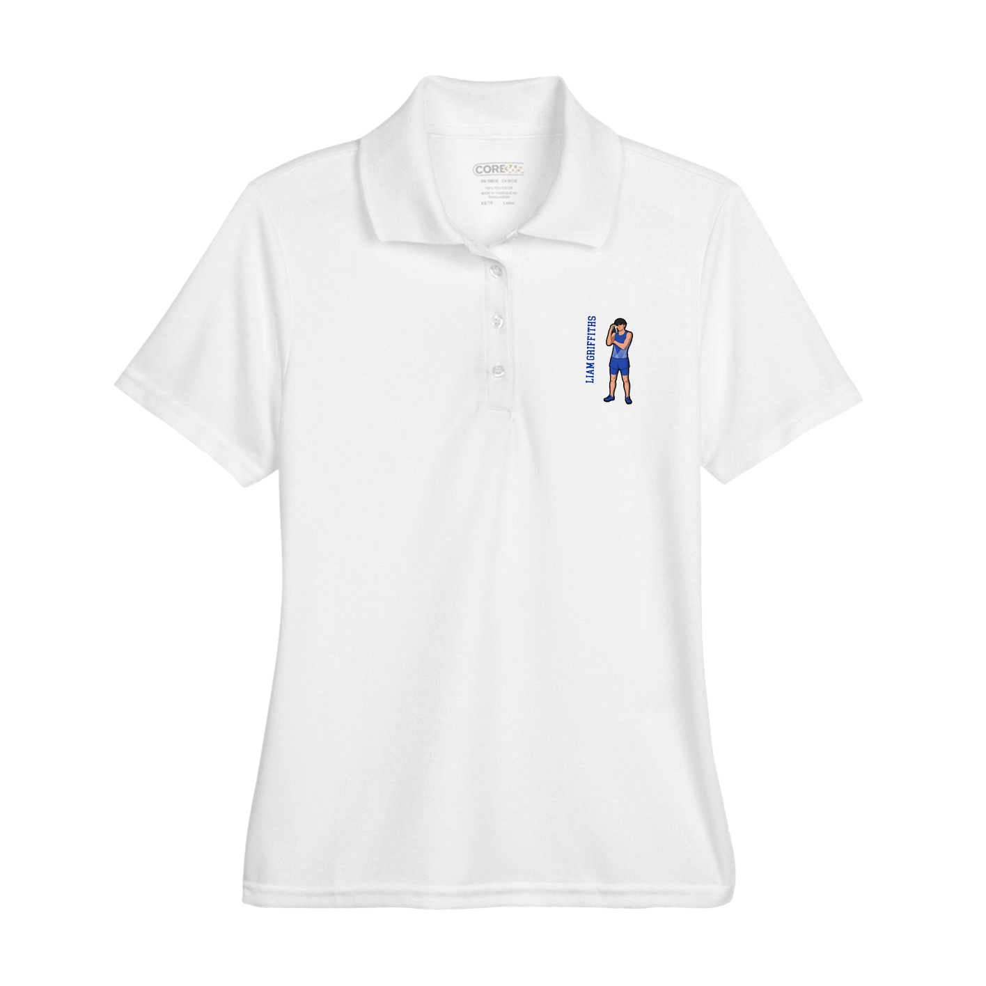 Womens Performance Polo — Name Vertical in White