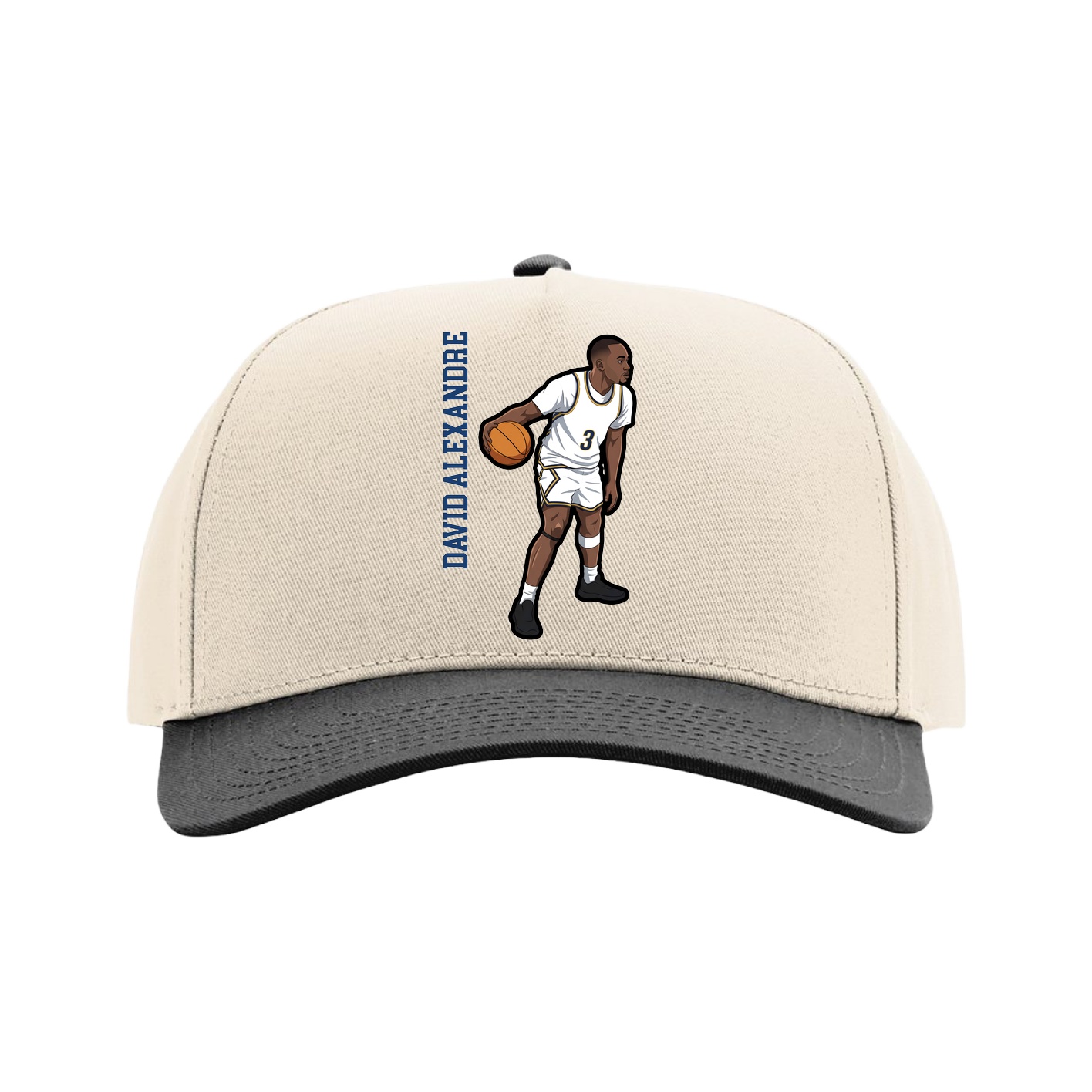 Full Fabric Five-Panel Champ Cap — Name Vertical in Cream/Black