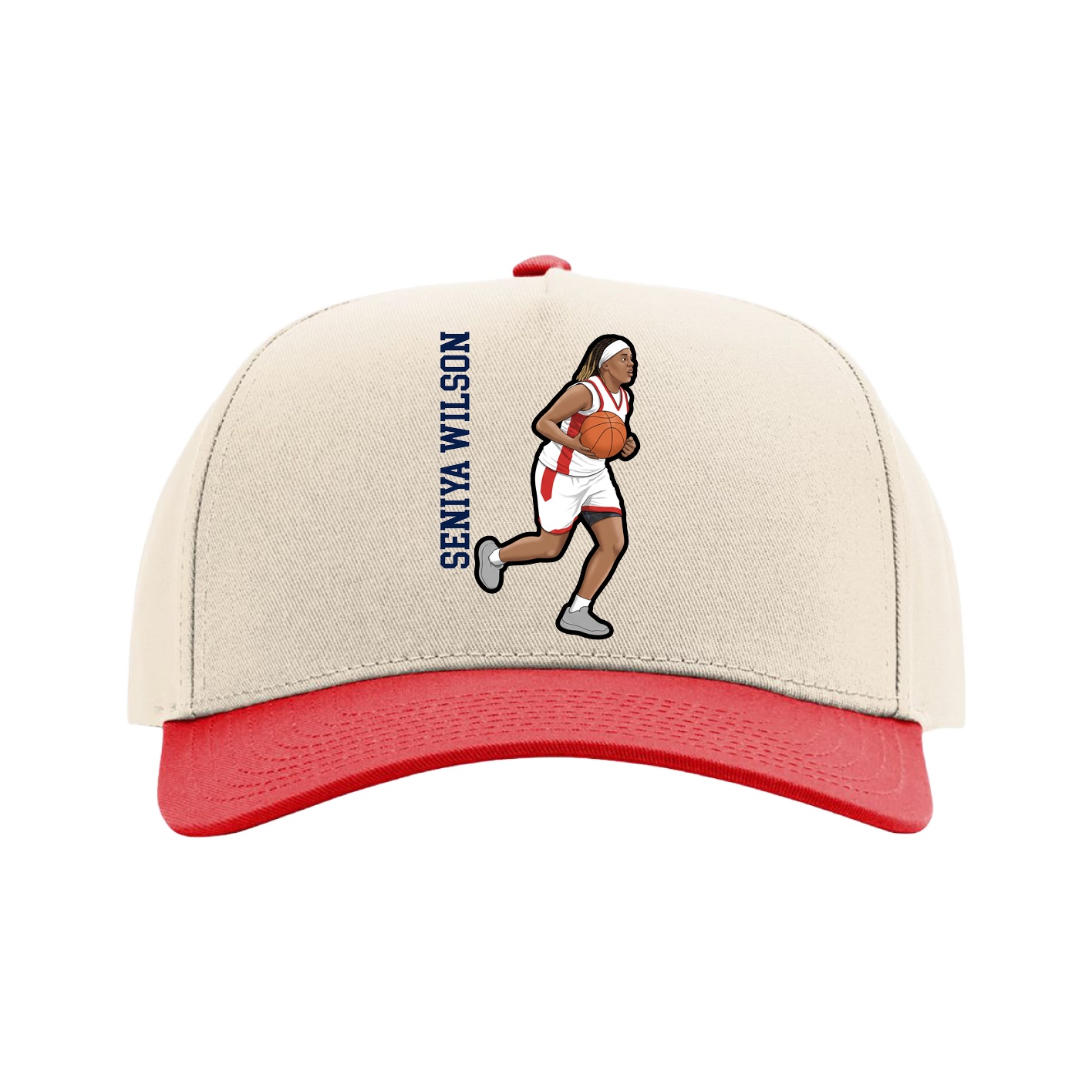 Full Fabric Five-Panel Champ Cap — Name Vertical in Cream/Red