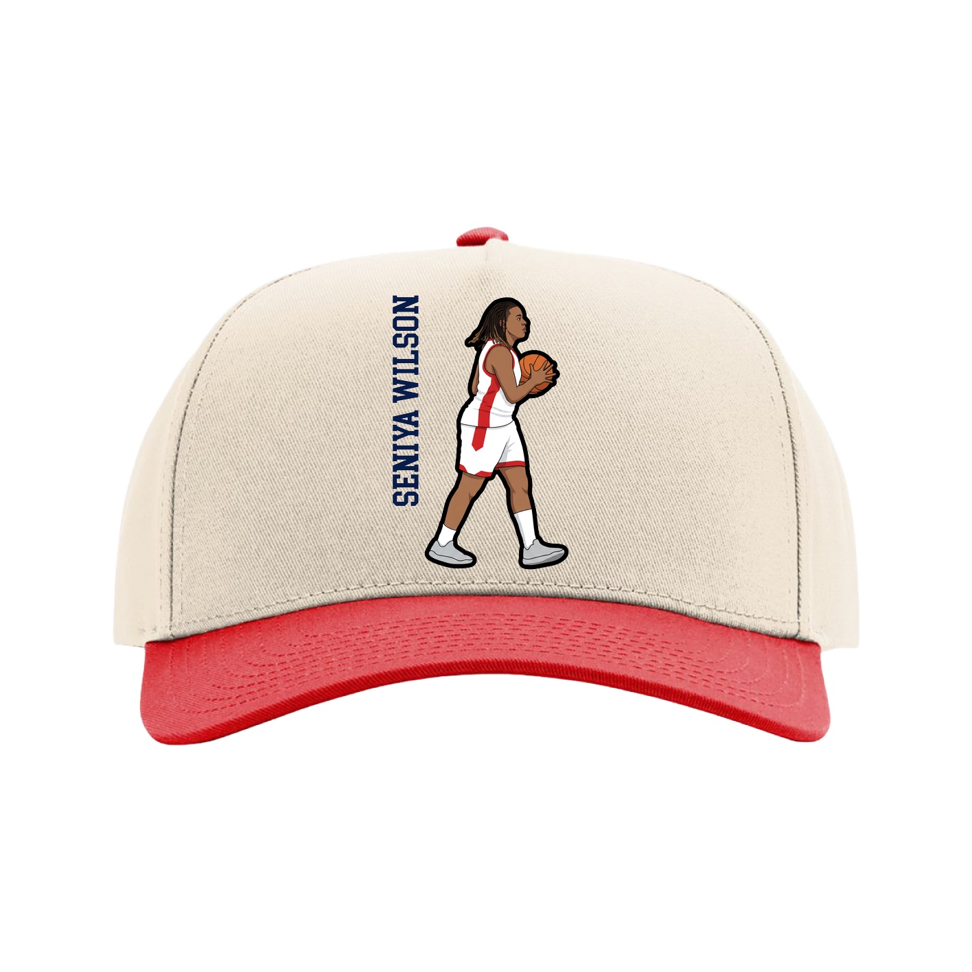 Full Fabric Five-Panel Champ Cap — Name Vertical in Cream/Red