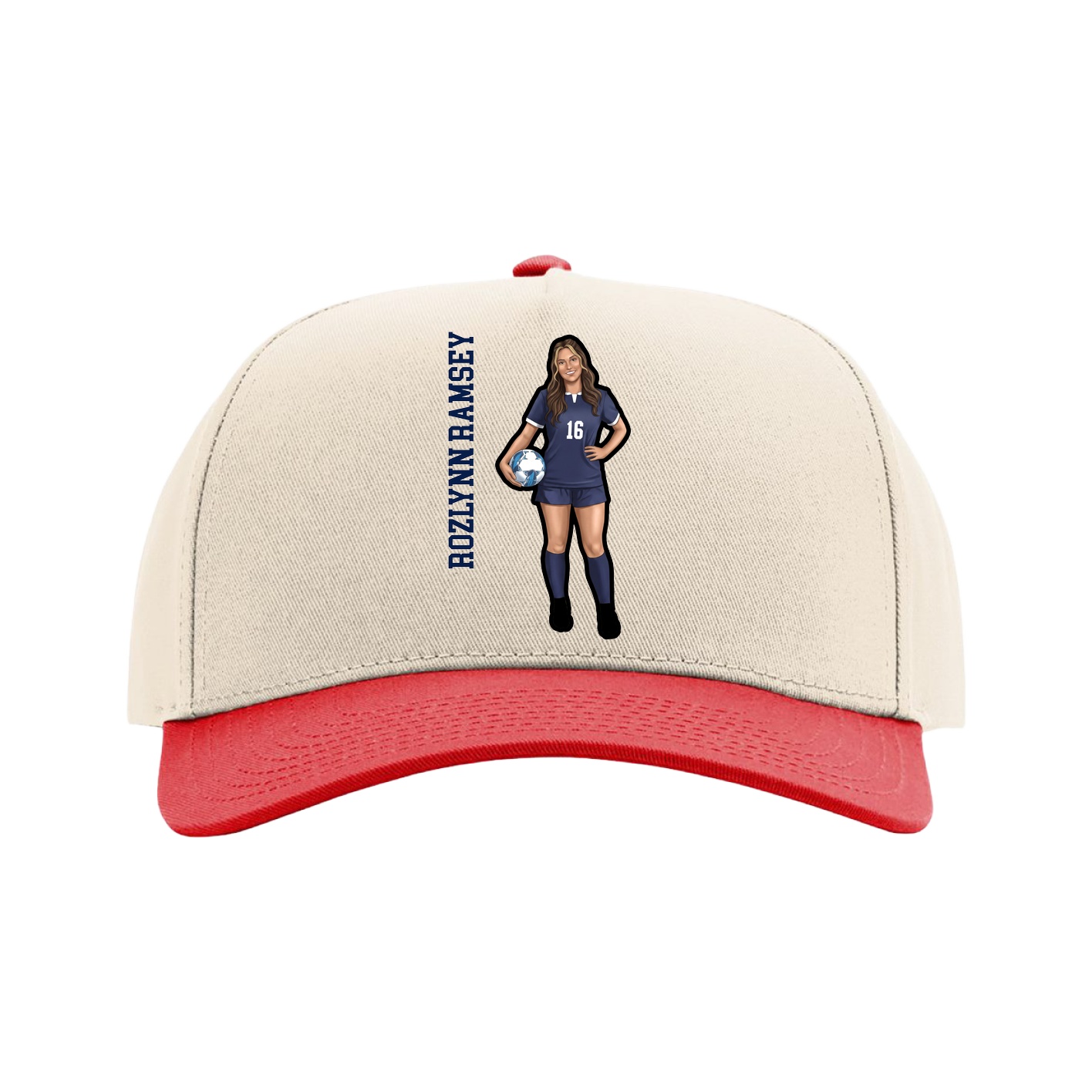 Full Fabric Five-Panel Champ Cap — Name Vertical in Cream/Red
