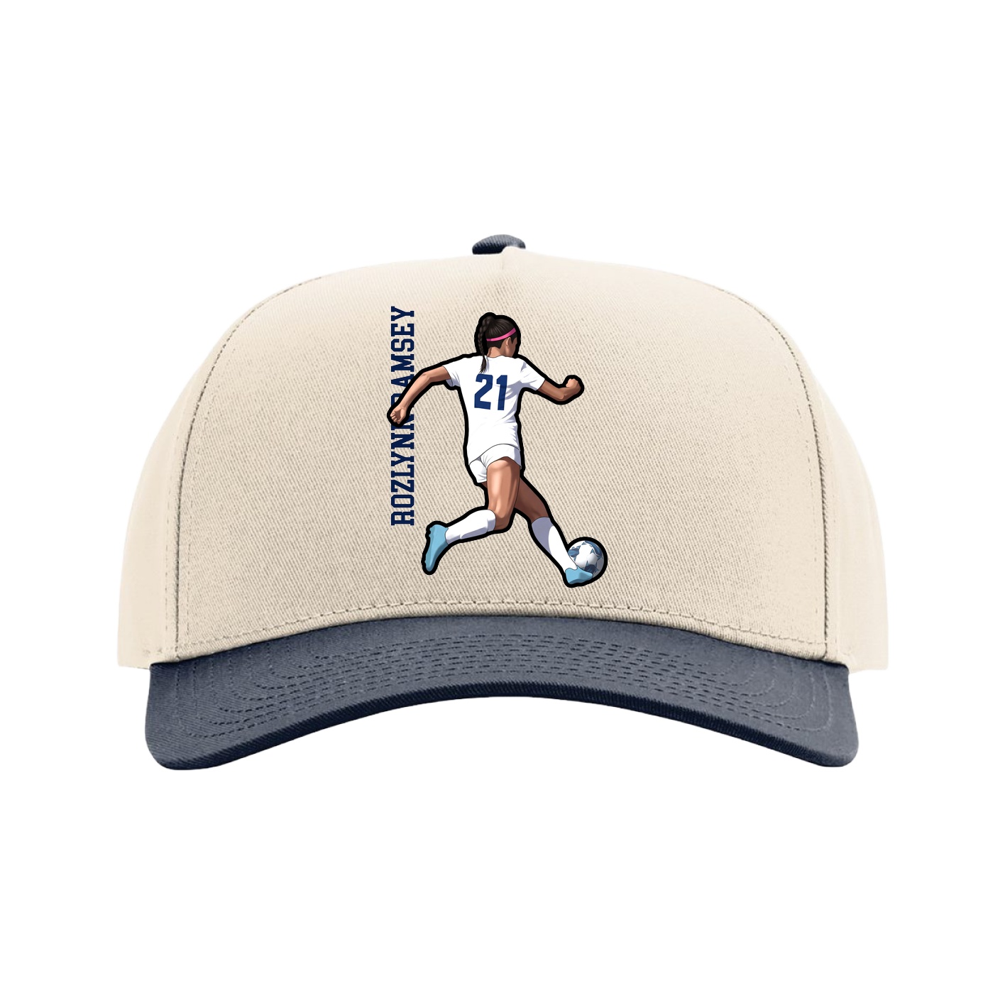 Full Fabric Five-Panel Champ Cap — Name Vertical in Cream/Navy