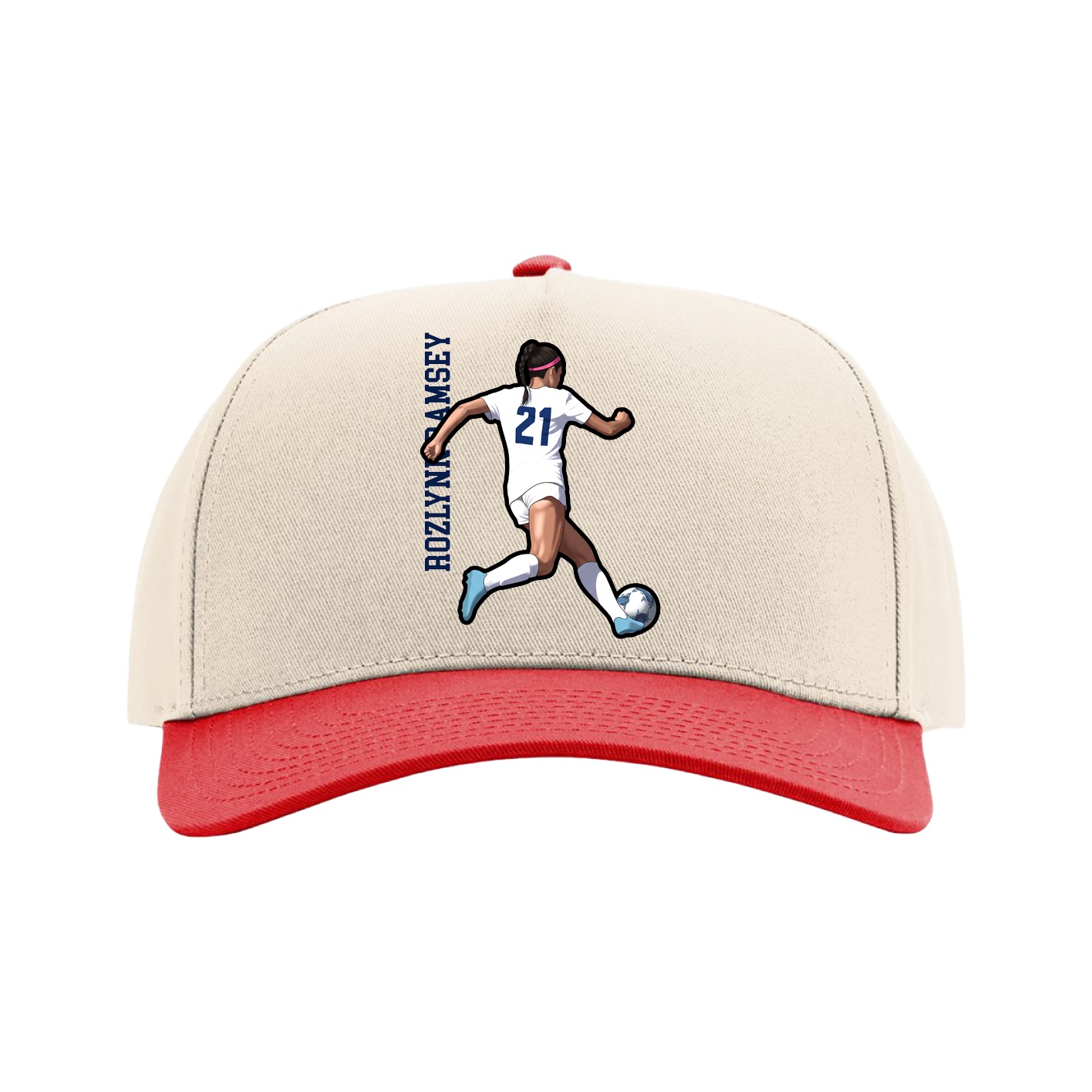 Full Fabric Five-Panel Champ Cap — Name Vertical in Cream/Red