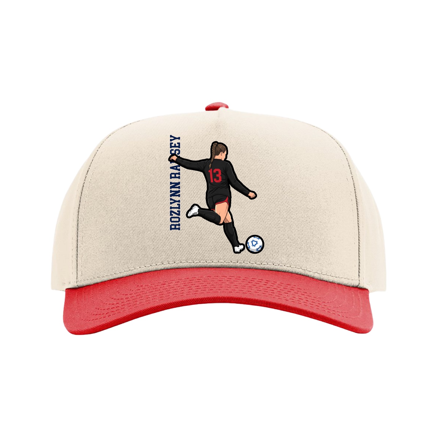Full Fabric Five-Panel Champ Cap — Name Vertical in Cream/Red