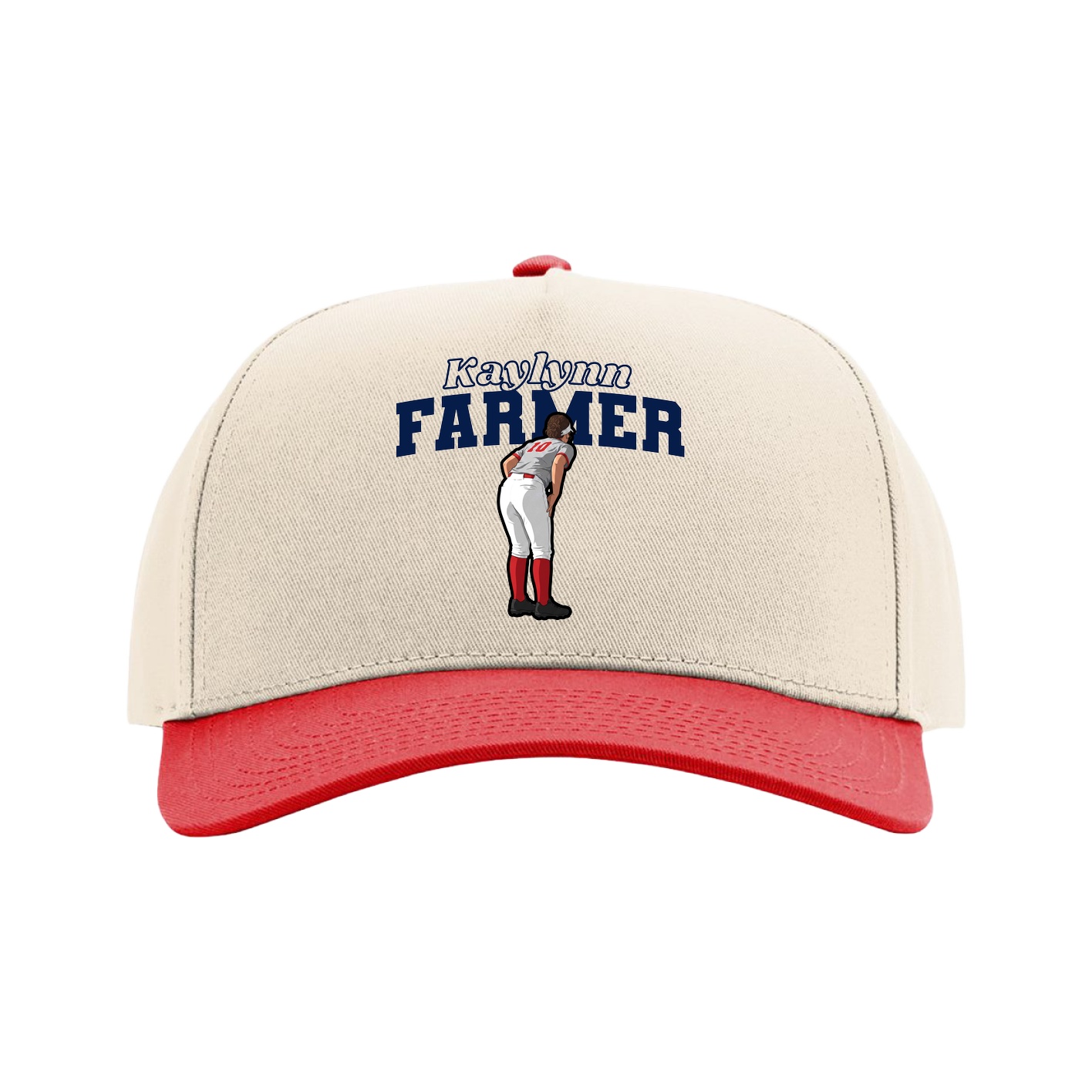 Full Fabric Five-Panel Champ Cap — Name Arch in Cream/Red