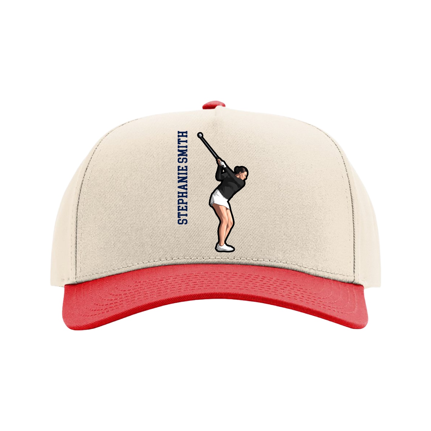 Full Fabric Five-Panel Champ Cap — Name Vertical in Cream/Red