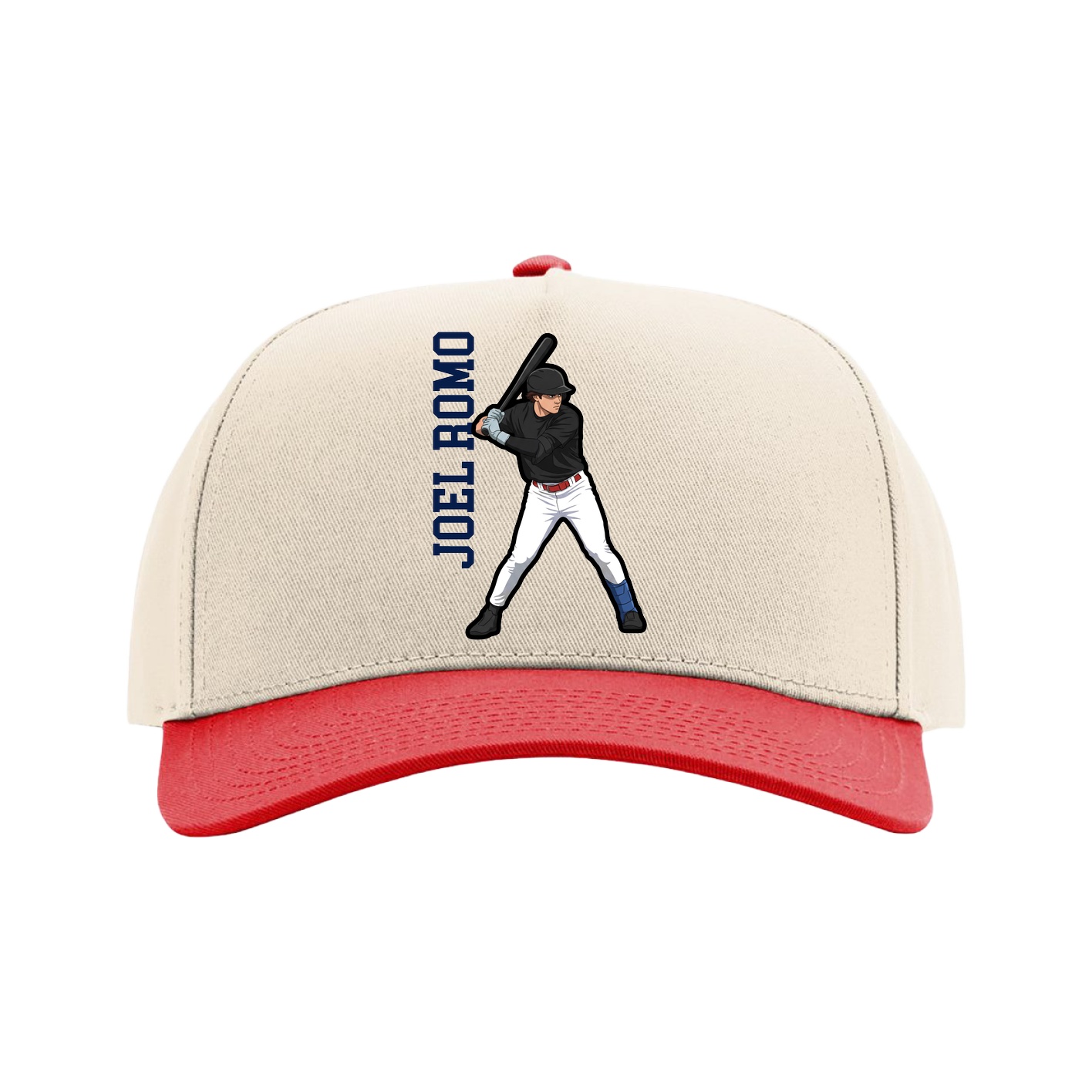 Full Fabric Five-Panel Champ Cap — Name Vertical in Cream/Red