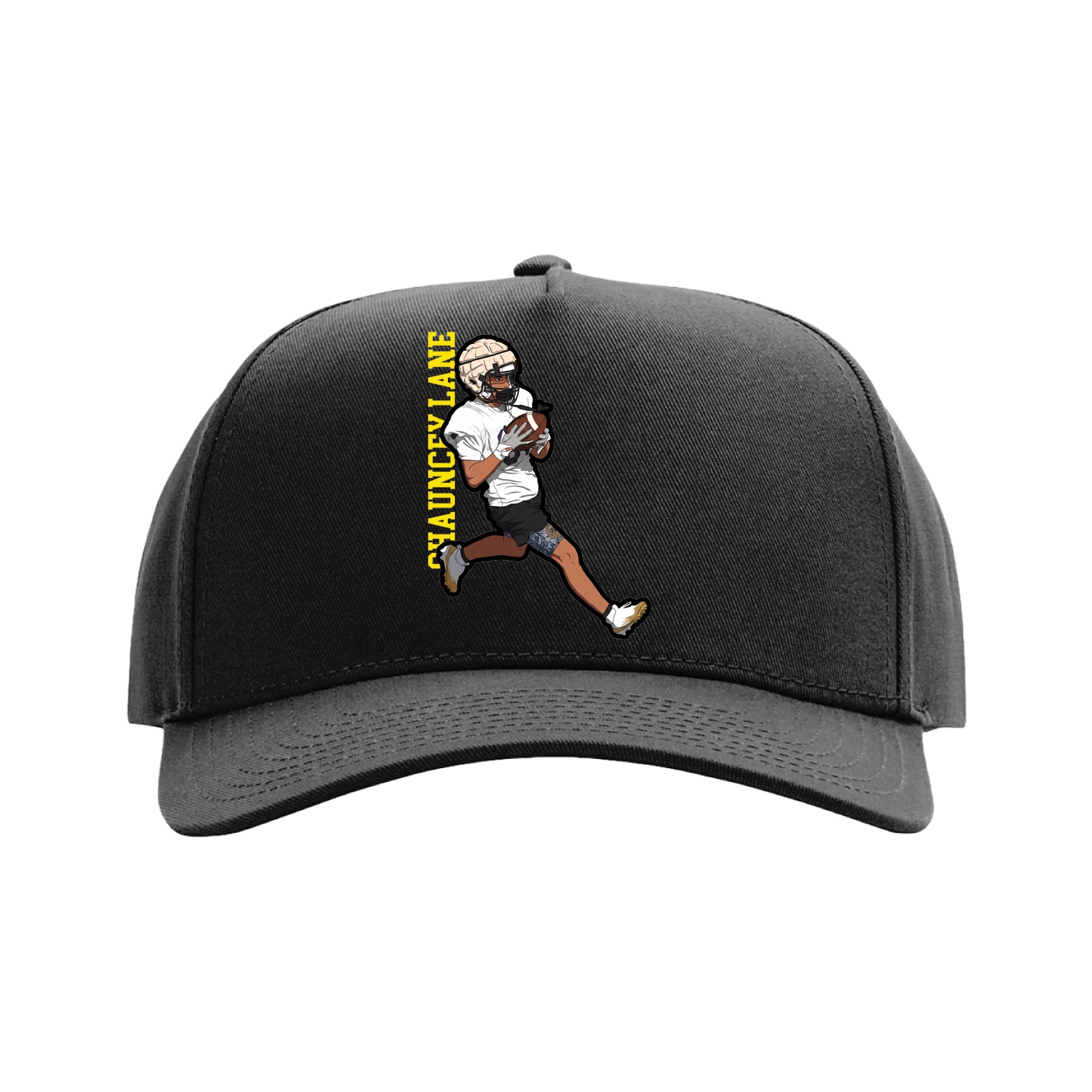Full Fabric Five-Panel Champ Cap — Name Vertical in Black