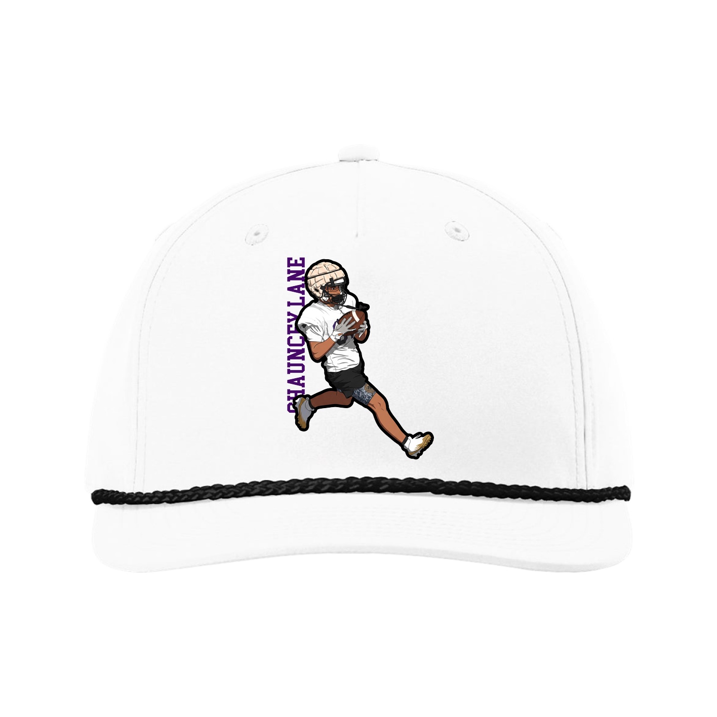 Five-Panel Classic Rope Cap — Name Vertical in White