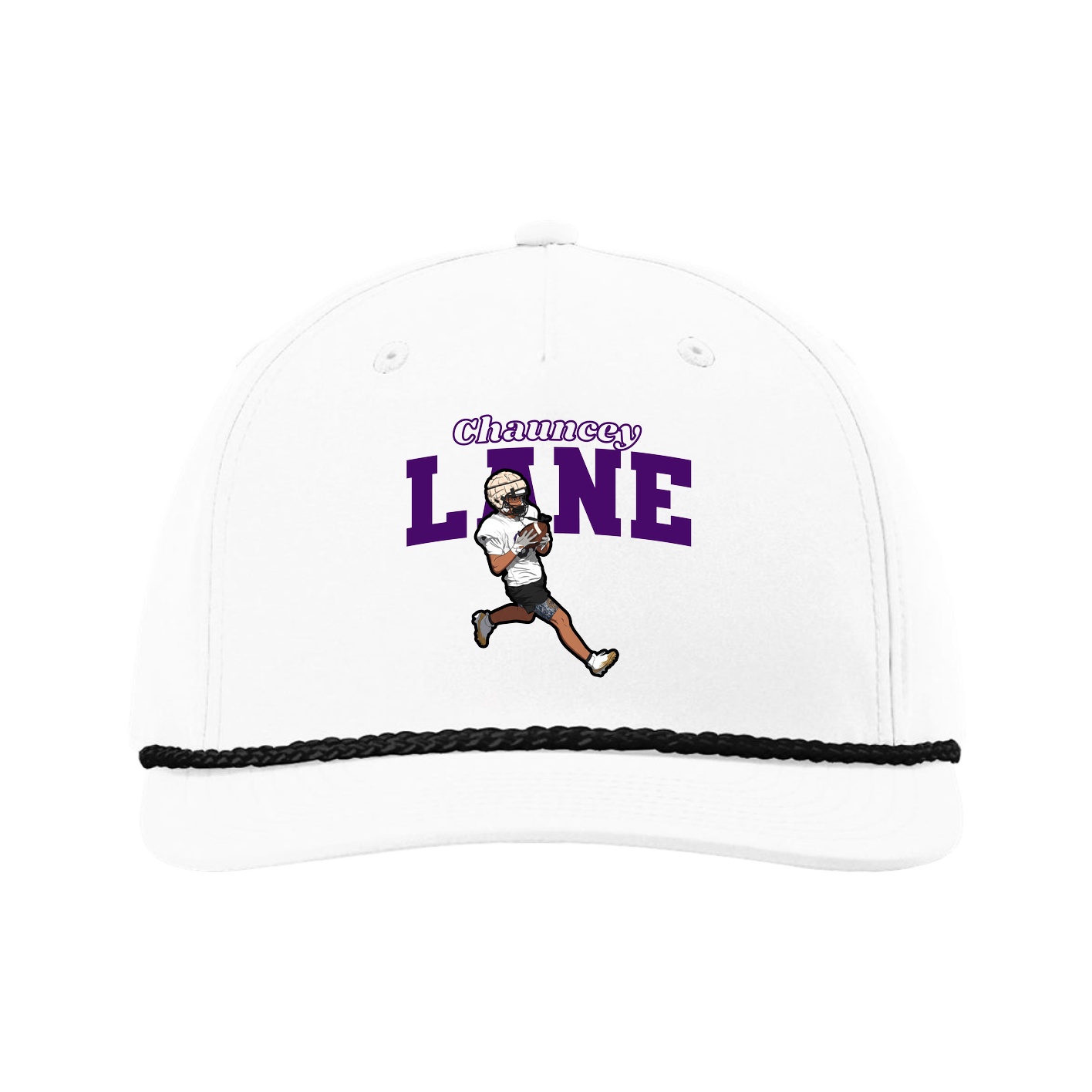 Five-Panel Classic Rope Cap — Name Arch in White