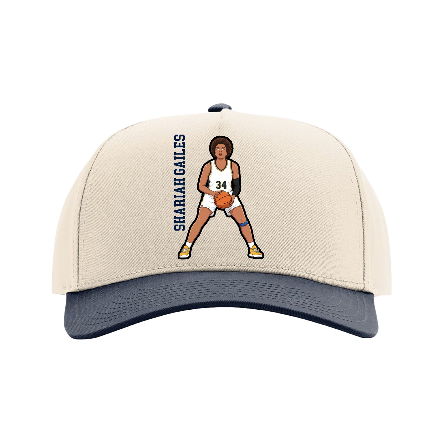 Full Fabric Five-Panel Champ Cap — Name Vertical in Cream/Navy