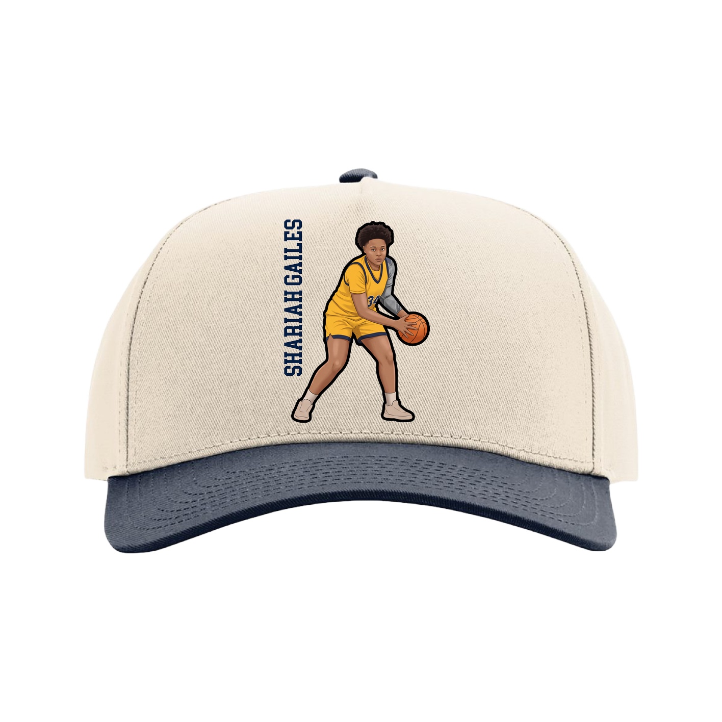Full Fabric Five-Panel Champ Cap — Name Vertical in Cream/Navy