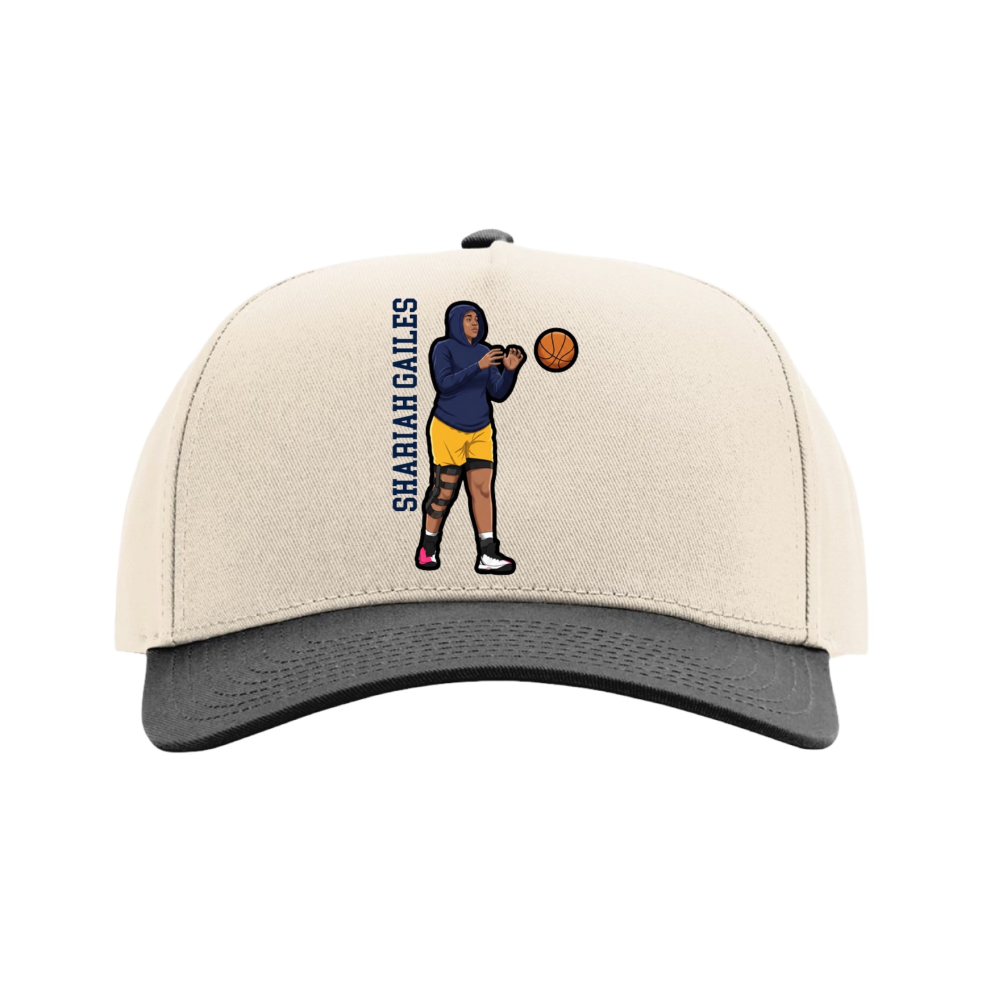 Full Fabric Five-Panel Champ Cap — Name Vertical in Cream/Black