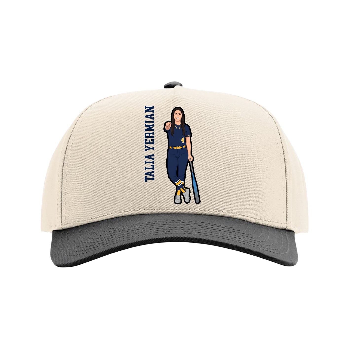 Full Fabric Five-Panel Champ Cap — Name Vertical in Cream/Black
