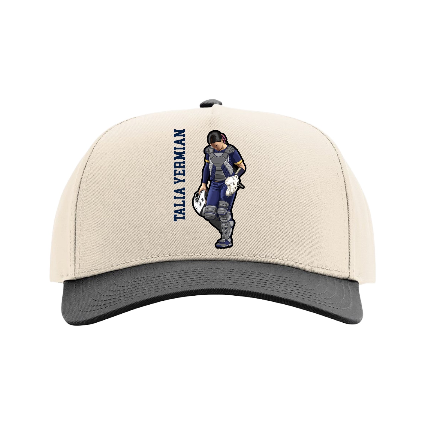 Full Fabric Five-Panel Champ Cap — Name Vertical in Cream/Black