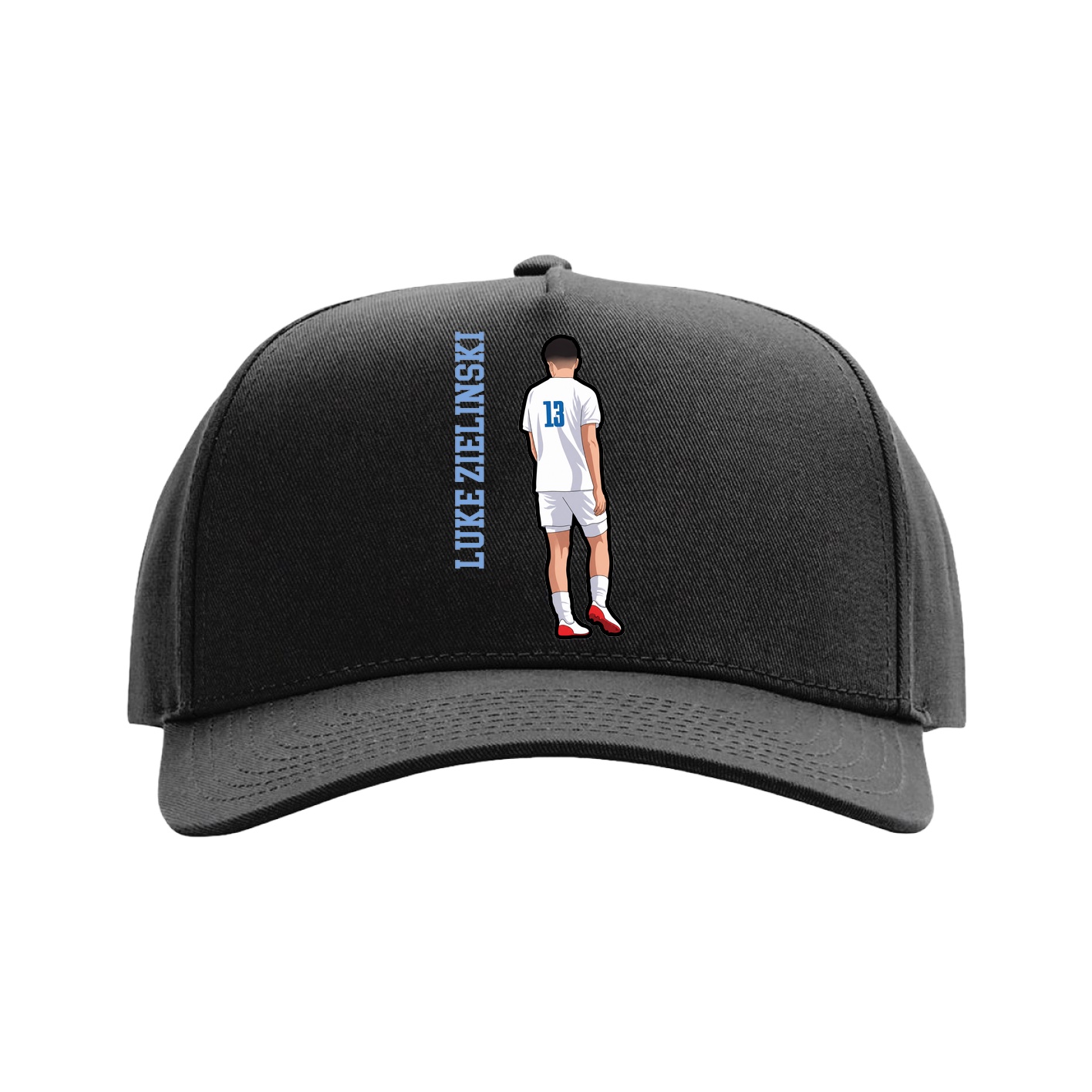 Full Fabric Five-Panel Champ Cap — Name Vertical in Black