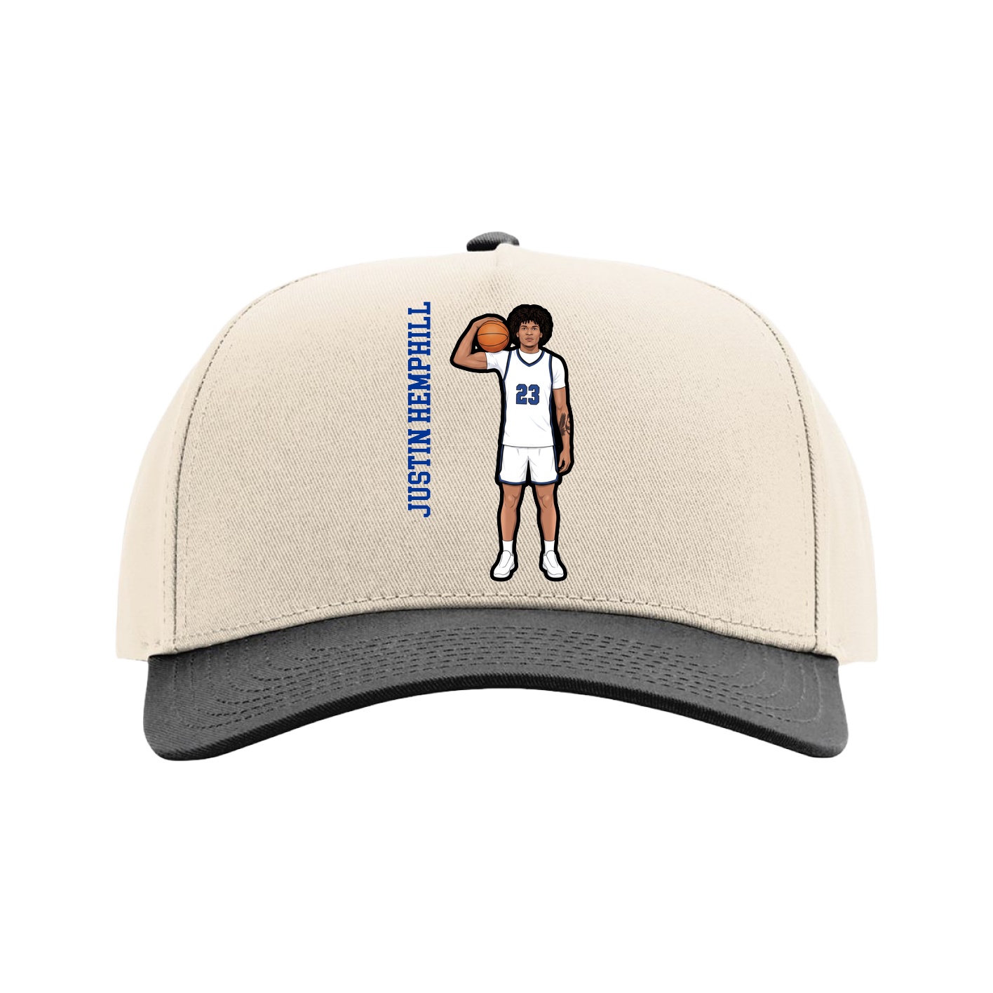 Full Fabric Five-Panel Champ Cap — Name Vertical in Cream/Black