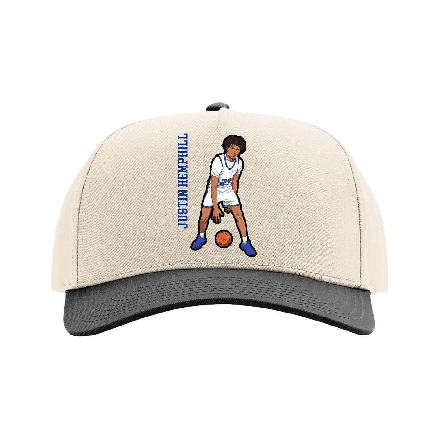 Full Fabric Five-Panel Champ Cap — Name Vertical in Cream/Black