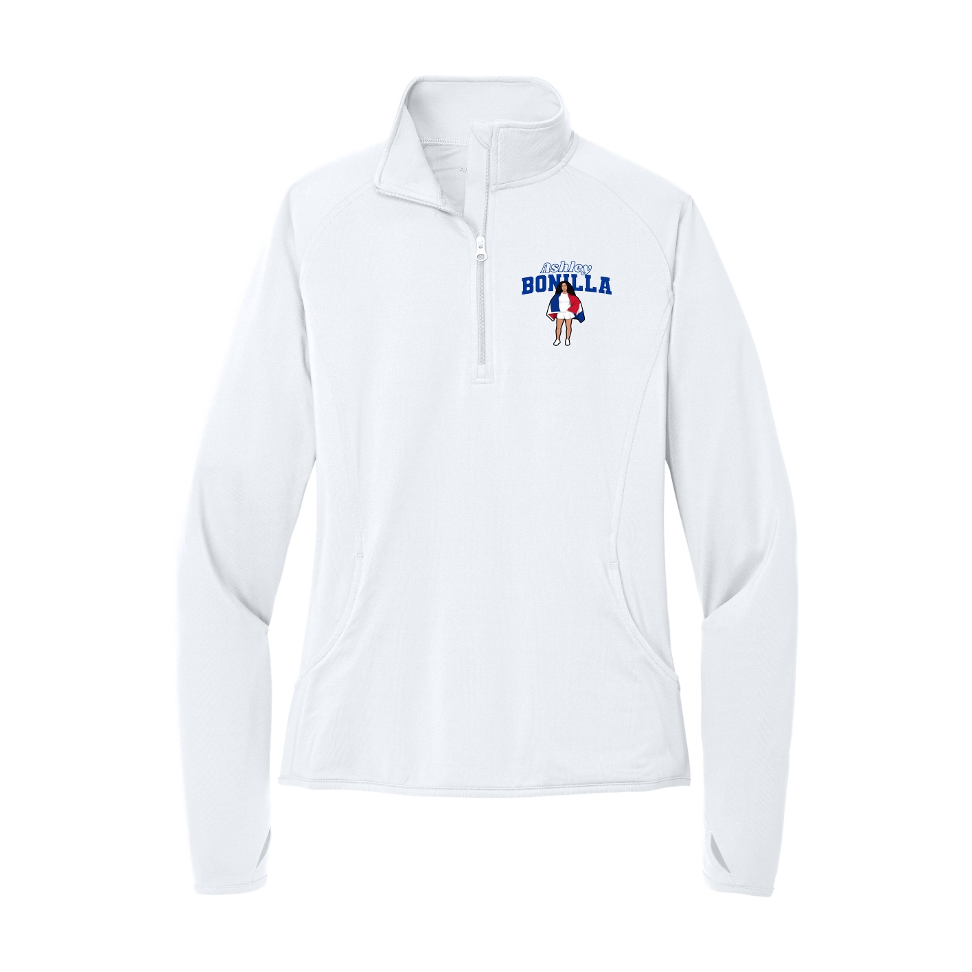 Women's Q-Zip Pullover — Name Arch in White