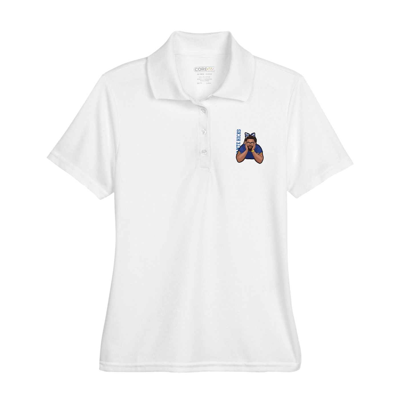 Womens Performance Polo — Name Vertical in White