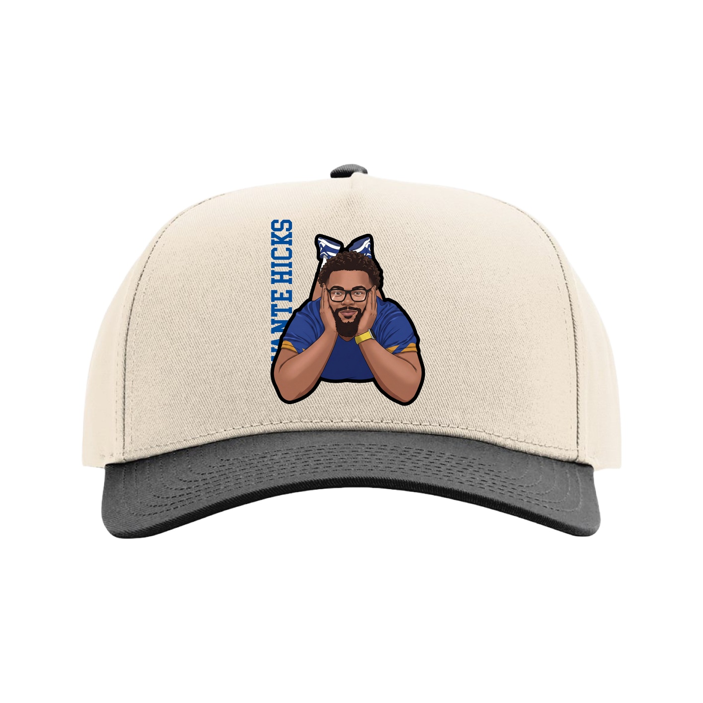 Full Fabric Five-Panel Champ Cap — Name Vertical in Cream/Black