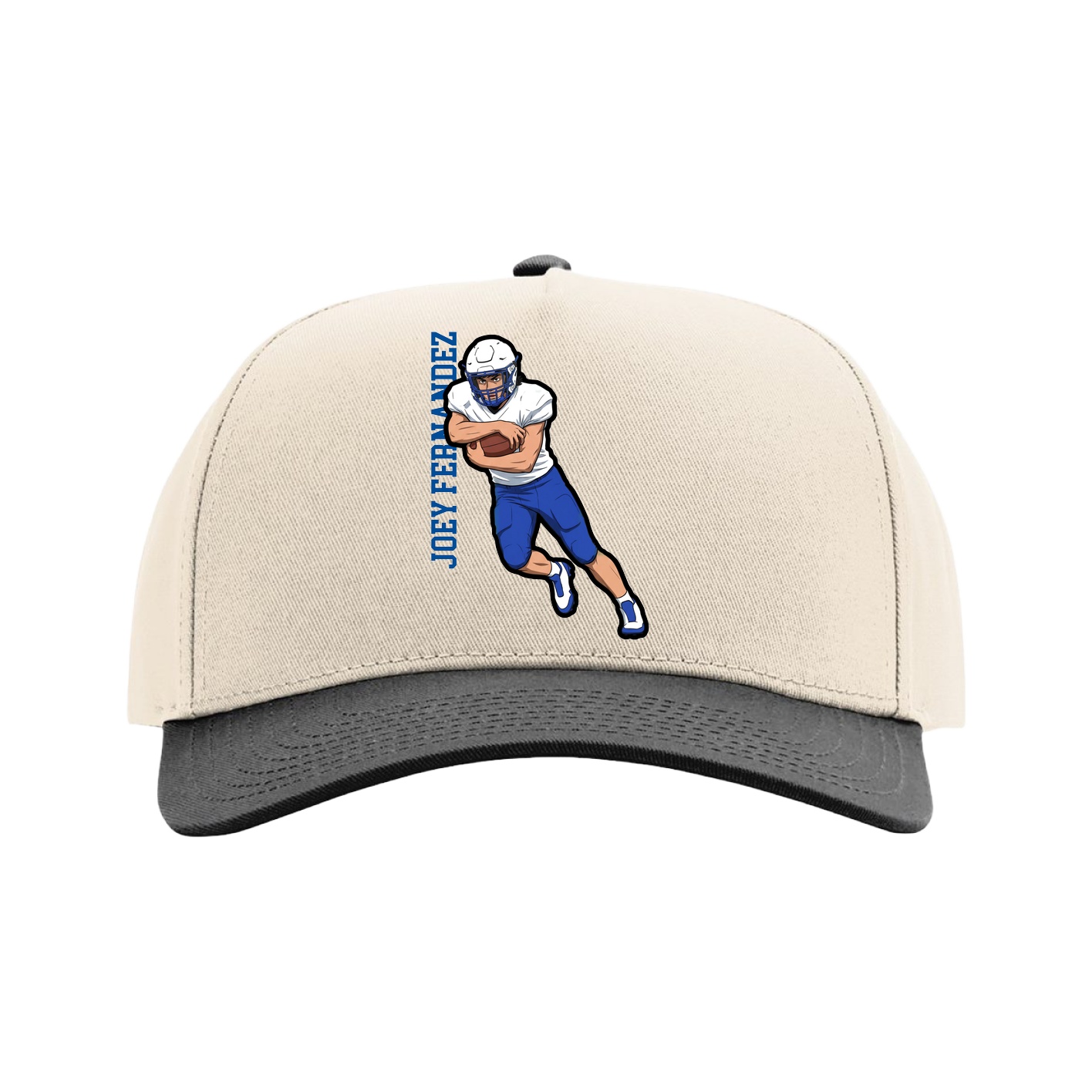 Full Fabric Five-Panel Champ Cap — Name Vertical in Cream/Black