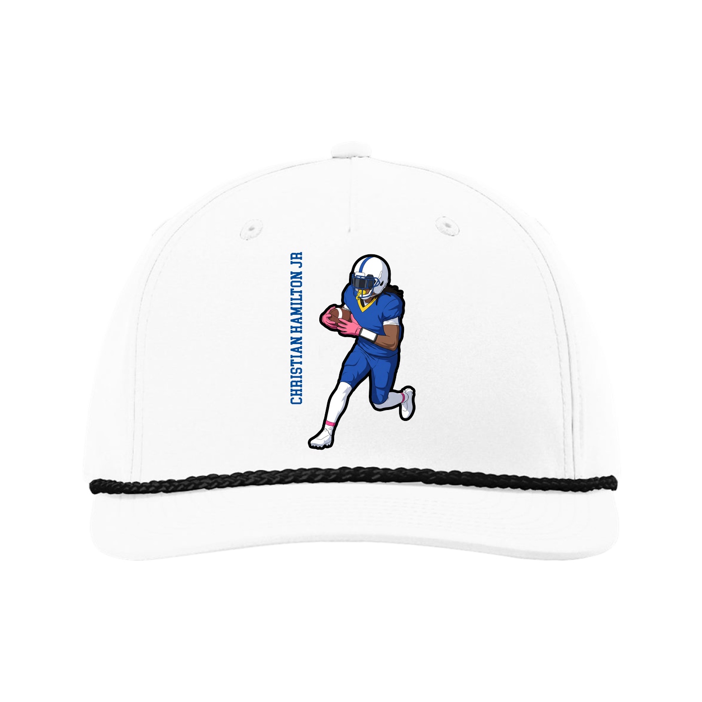 Five-Panel Classic Rope Cap — Name Vertical in White