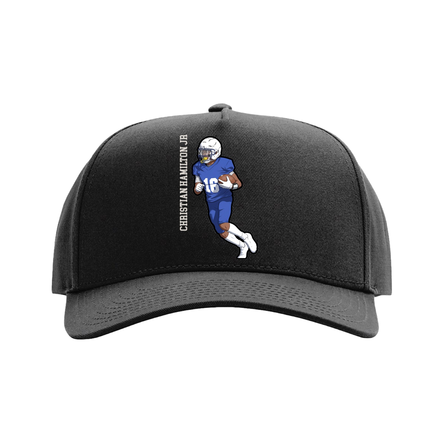Full Fabric Five-Panel Champ Cap — Name Vertical in Black