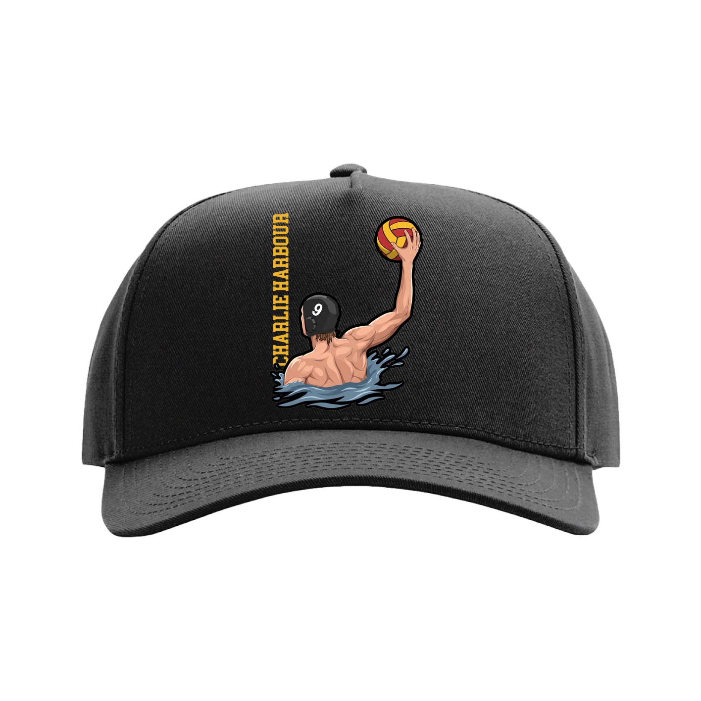 Full Fabric Five-Panel Champ Cap — Name Vertical in Black