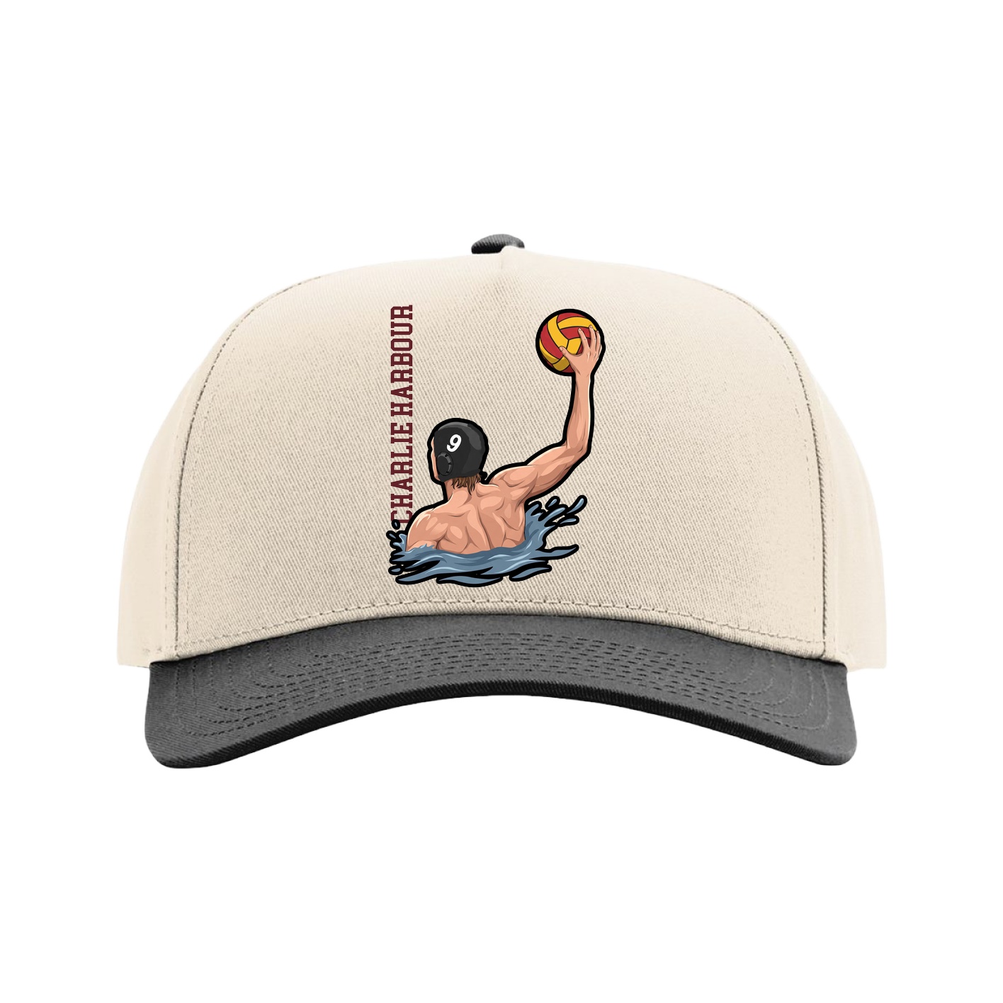 Full Fabric Five-Panel Champ Cap — Name Vertical in Cream/Black