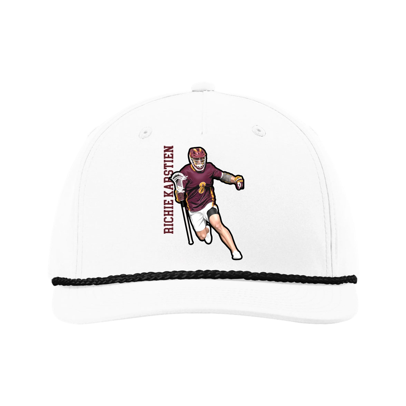 Five-Panel Classic Rope Cap — Name Vertical in White