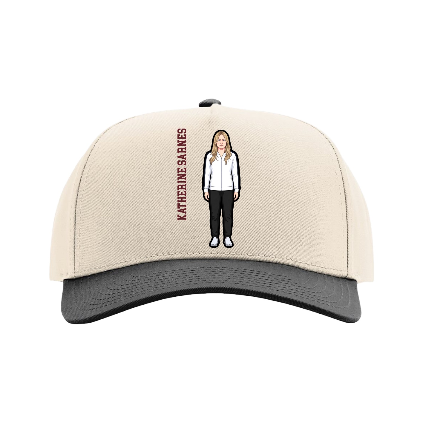 Full Fabric Five-Panel Champ Cap — Name Vertical in Cream/Black