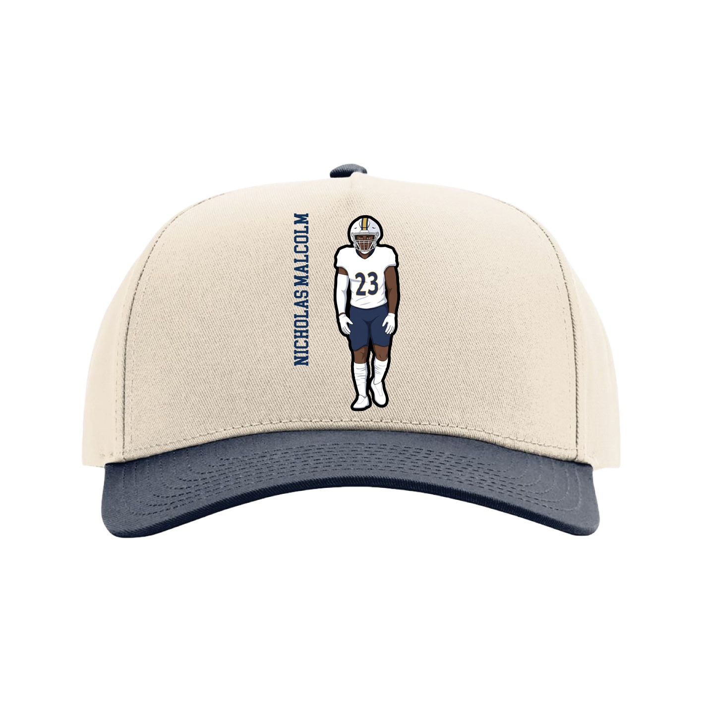 Full Fabric Five-Panel Champ Cap — Name Vertical in Cream/Navy
